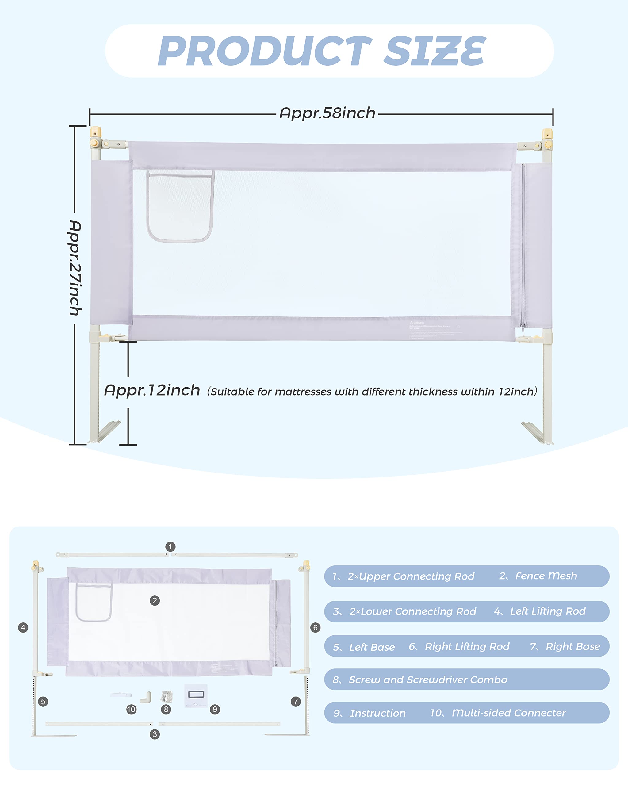DF DUALFERV Bed Rails for Toddlers 149.86 cm (Gray-One Side)