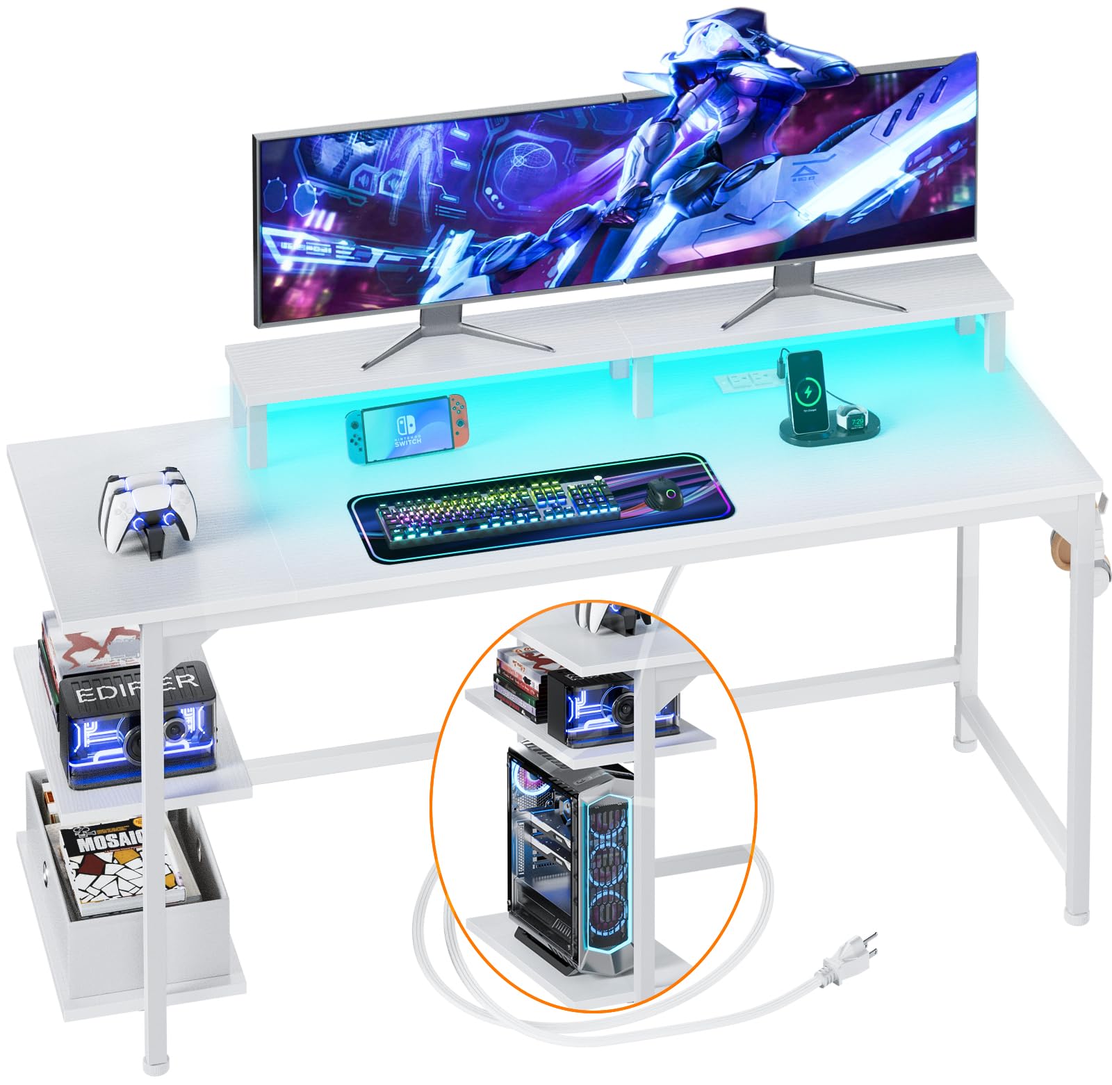 مكتب ألعاب Furologee أبيض مع محطة شحن وأضواء LED، 140 سم