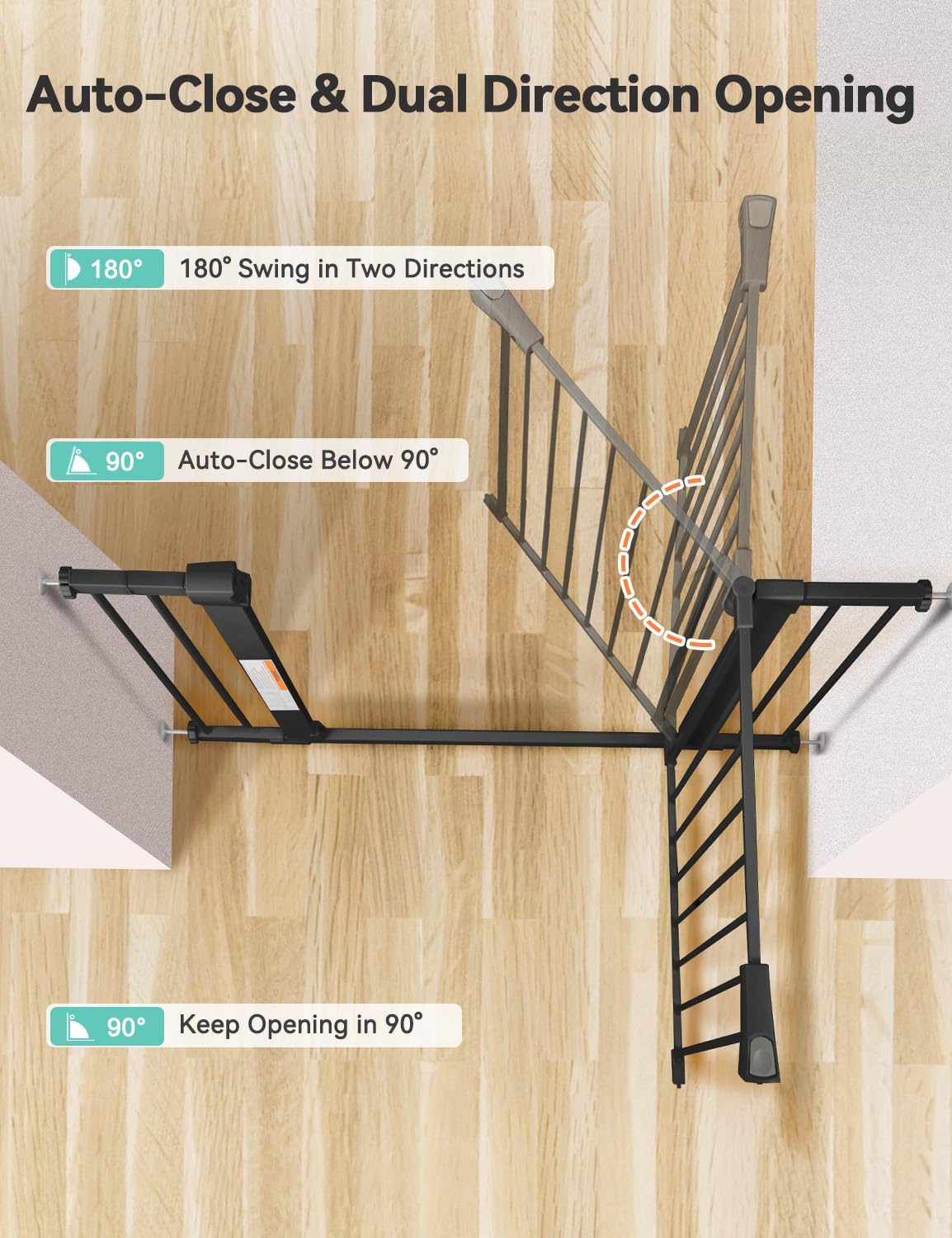 بوابة أمان للأطفال من كومومي، بعرض إضافي 29.5-43.3 بوصة، بوابة للكلاب تُغلق تلقائيًا، مناسبة لأبواب المنزل والسلالم، مزودة بضغط، سهلة المرور من خلالها، بوابة للحيوانات الأليفة، تتضمن امتدادًا بطول 2.75 بوصة و8.25 بوصة، لون أسود