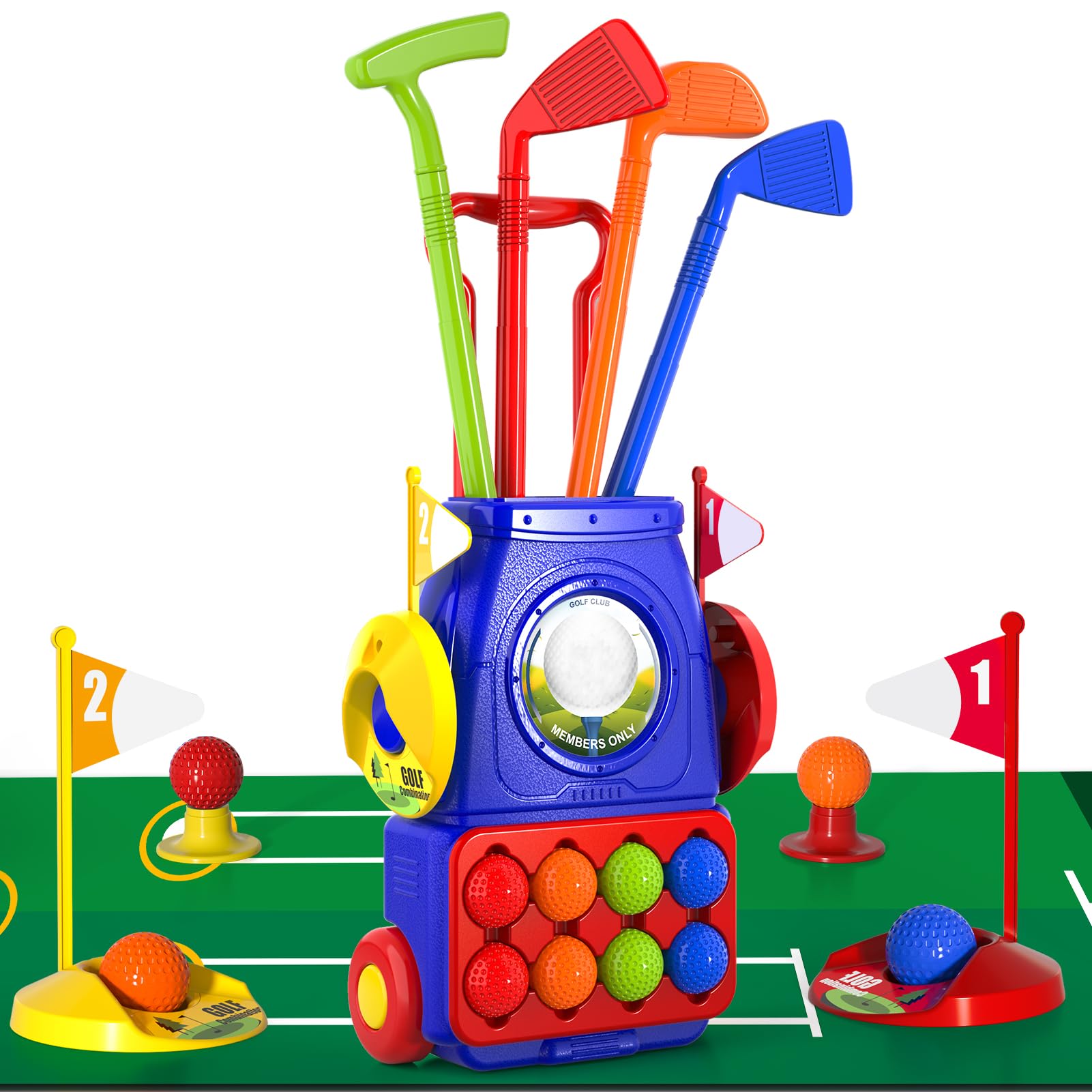 مجموعة ألعاب جولف للأطفال من بينول، مجموعة ألعاب عربة جولف مُحسّنة للأطفال مع 4 عصي جولف و8 كرات وسجادة واحدة، ألعاب جولف داخلية وخارجية للأولاد والبنات من سن 3 و4 و5 و6 سنوات