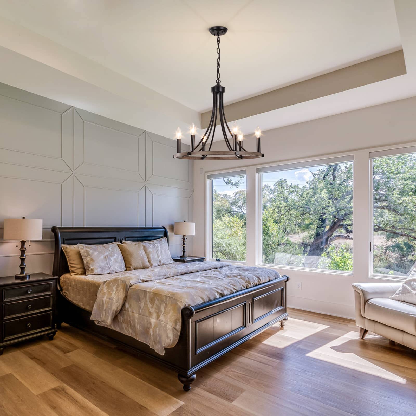 ثريا يارلكاف على شكل عجلة عربة لغرفة الطعام، ثريا مزرعة سوداء بستة مصابيح معلقة دائرية