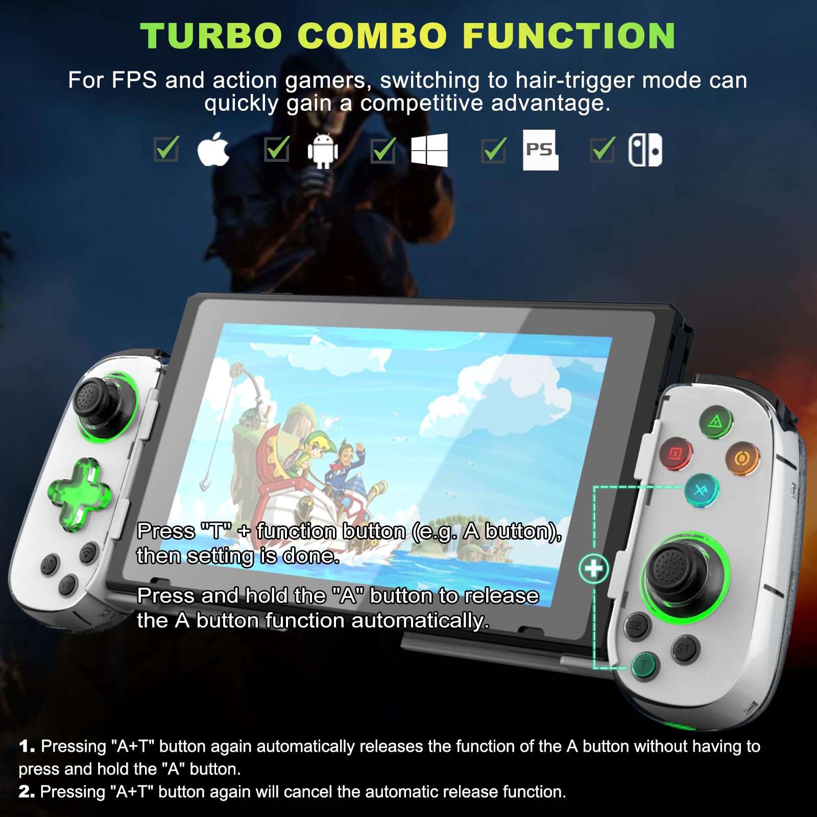 Phone Game Controller for iPhone/Android/PC/Switch, Play COD, Genshin,Support Streaming on PS5/Xbox/PC Console, Cloud Gaming Wireless Gamepad Joystick, Turbo/6-Axis Gyro/Dual Motor, Green Light, White
