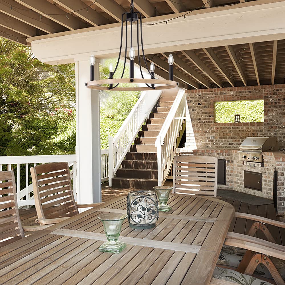 ثريات Wellmet الريفية للمدخل، ثريا شموع ريفية حديثة بخمسة مصابيح على شكل عجلة عربة