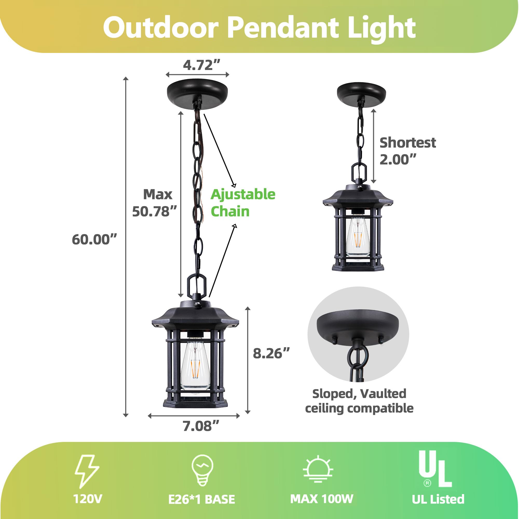 WJShome Outdoor Pendant Lights for Porch, with Dusk to Dawn Sensor