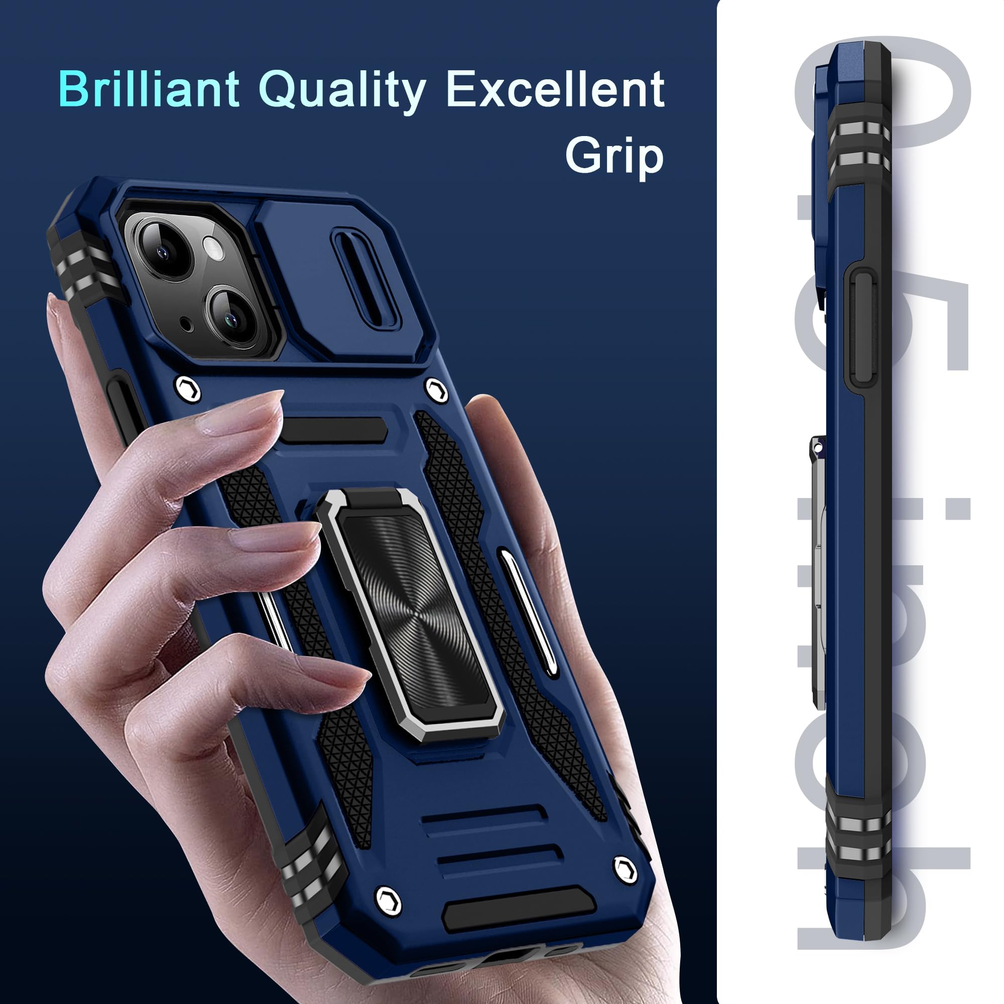 جراب BAHAHOUSES لهاتف iPhone 15 مع غطاء كاميرا منزلق، ومسند حلقي دوار، وغطاء واقٍ مقاوم للصدمات بدرجة عسكرية - أزرق داكن