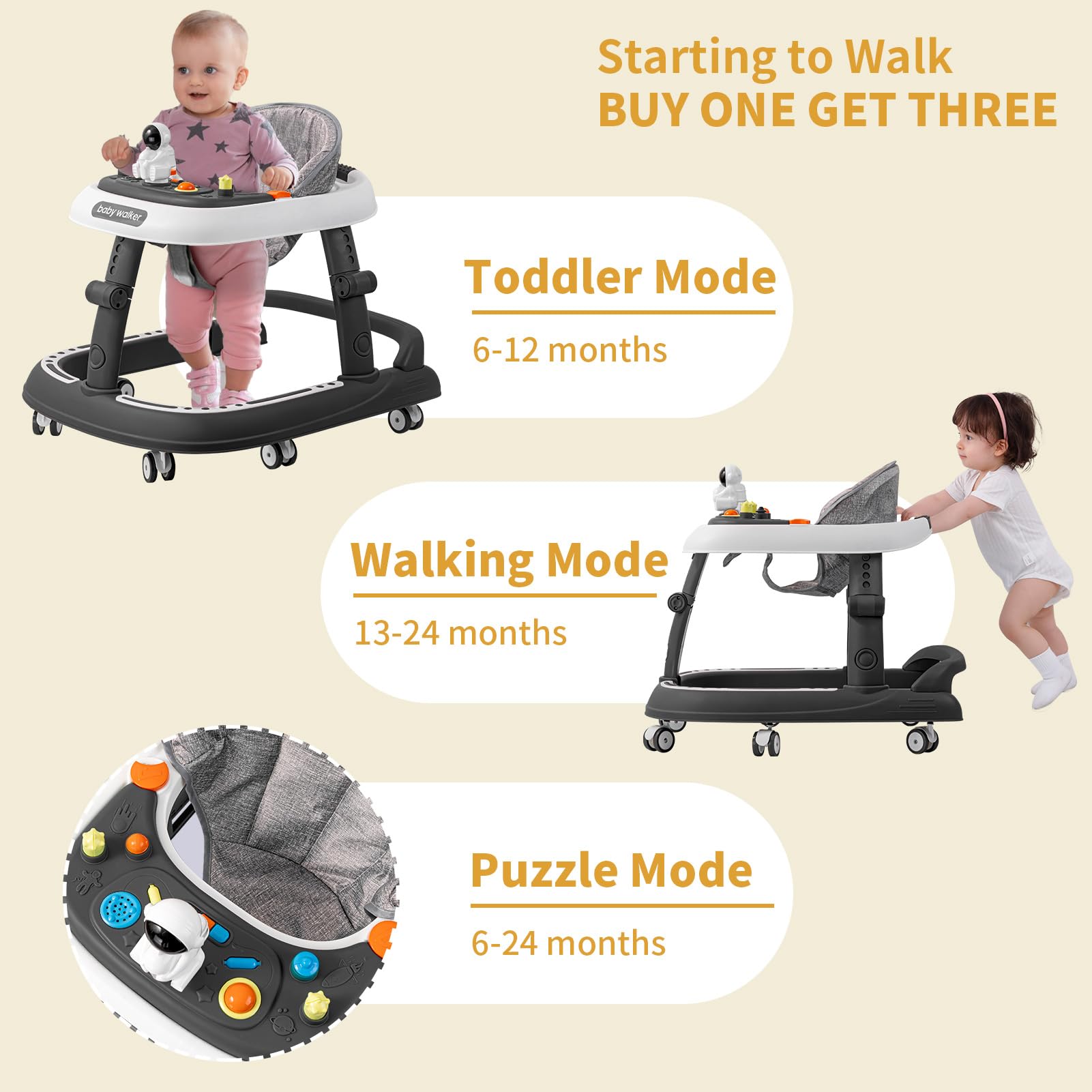 Baby Walker, 3-in-1 Foldable Baby Walker for Baby Boys and Baby Girls, 6-24 Months - D