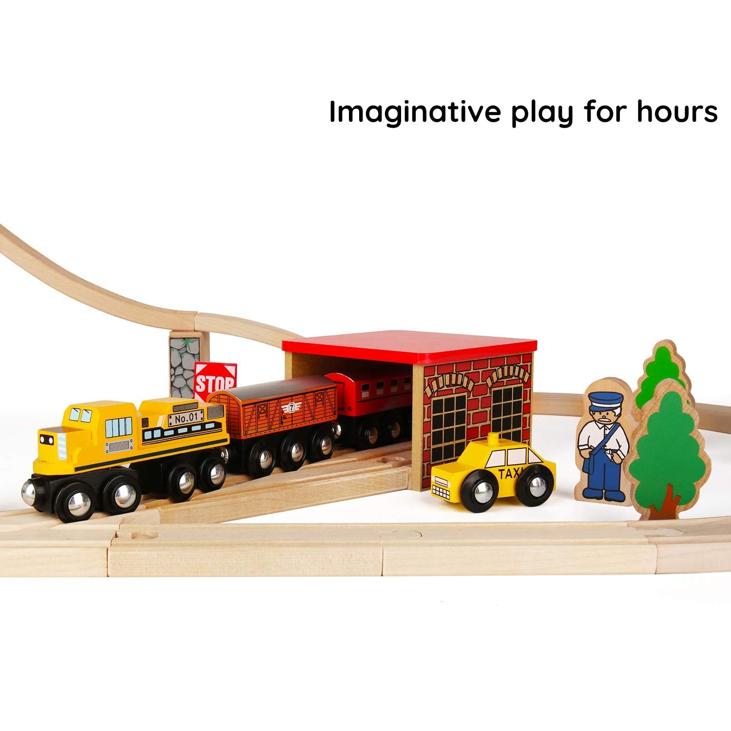 SainSmart Jr. Wooden Train Set Toy with Rail High Level Part, 50 PCS Flyover Overpass Wooden Train Playset with 5 Magnetic Train Cars for Toddlers