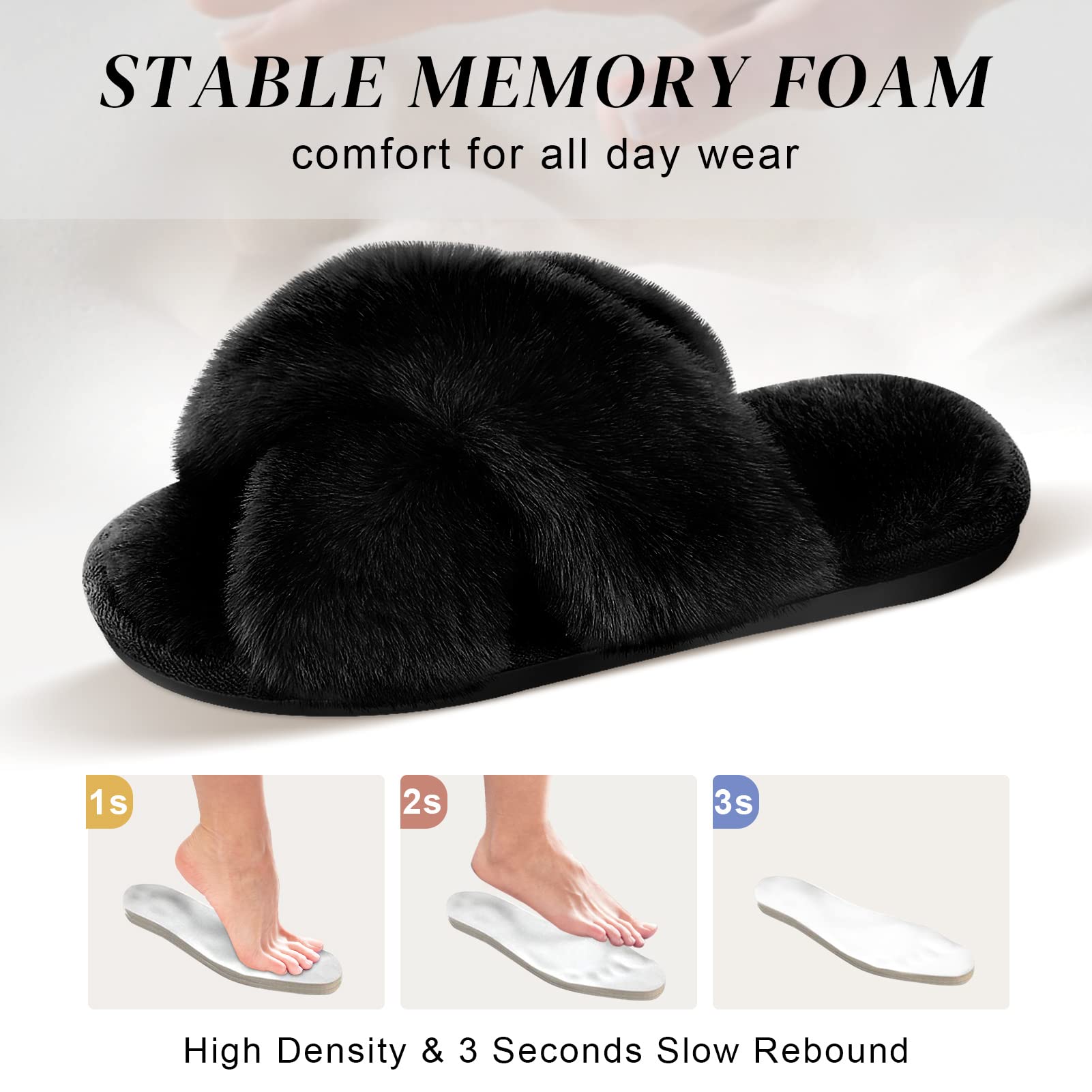 SIZE: 38-39 - Women's Cross Band Slippers Fuzzy Soft House Slippers Plush Furry Warm Cozy Open Toe Fluffy Home Shoes Comfy Indoor Outdoor Slip On Breathable (Black)