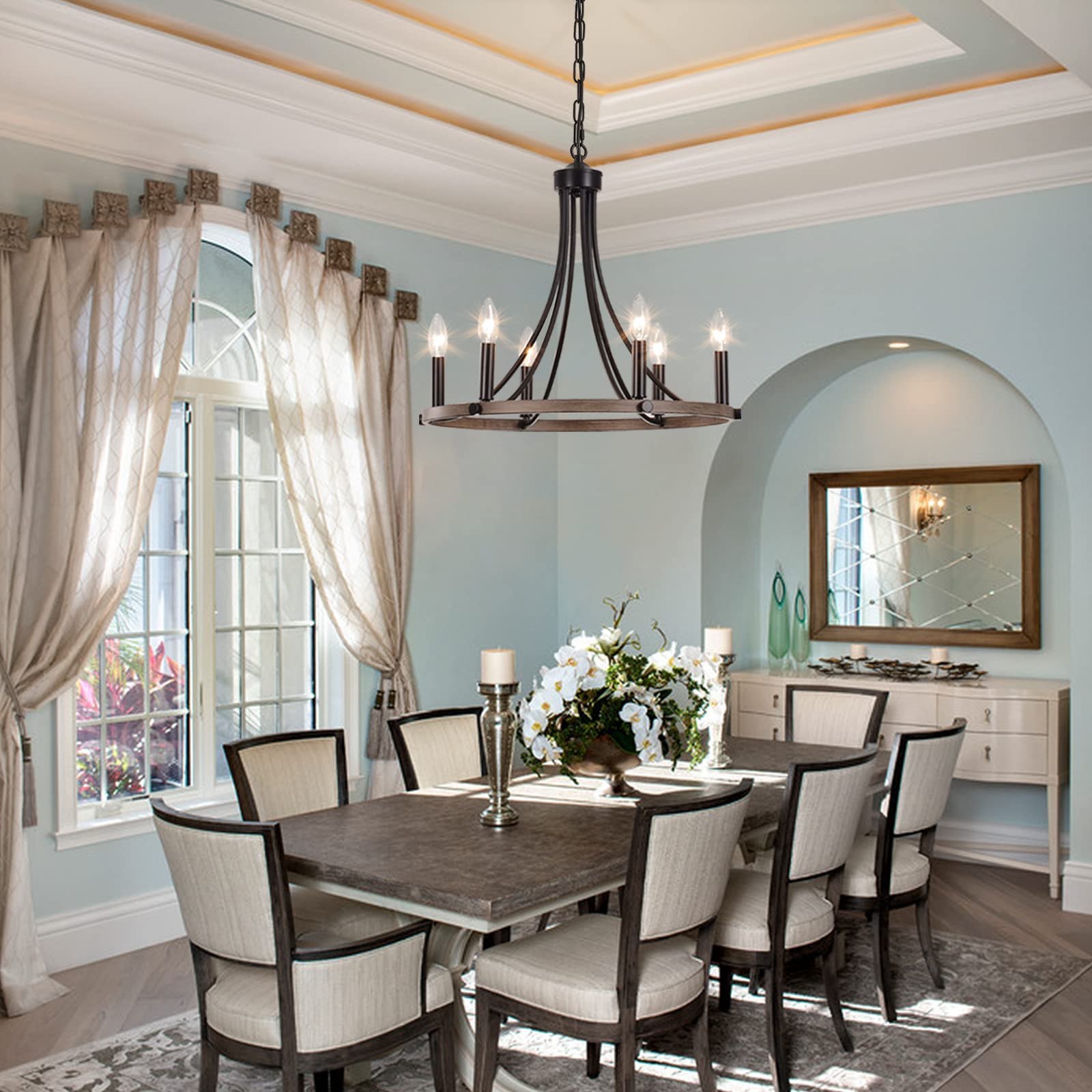 ثريا يارلكاف على شكل عجلة عربة لغرفة الطعام، ثريا مزرعة سوداء بستة مصابيح معلقة دائرية