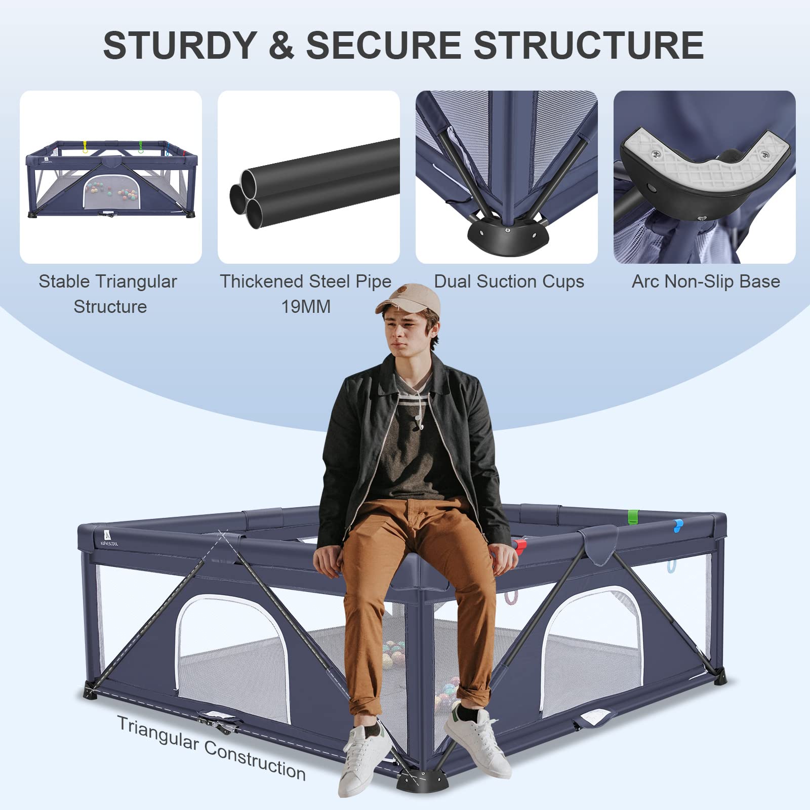 A ALFRESCOOL Baby Playpen, 47"x47"(15.5 sq. ft Space), Foldable Large Playpen for Babies and Toddlers, Indoor & Outdoor Baby Activity Center with Gate & Breathable Mesh, Anti-Fall Portable Play Pens