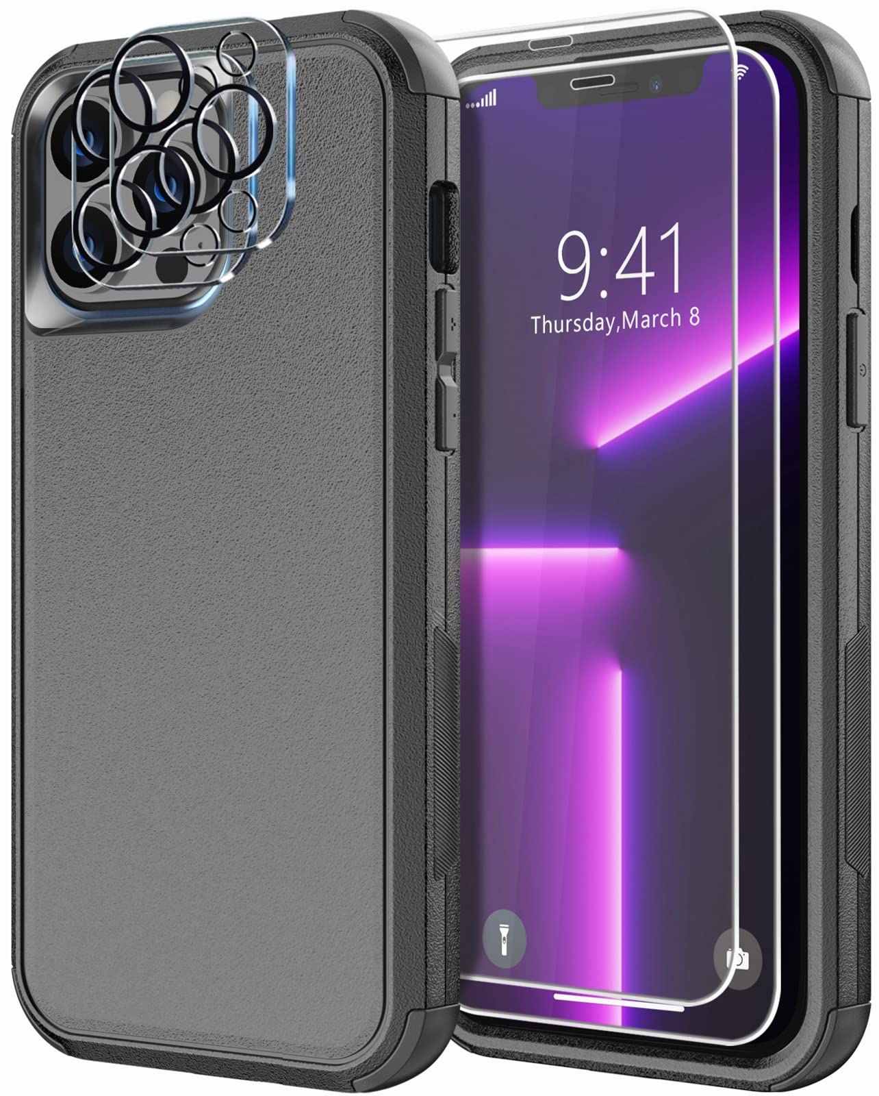 جراب Diverbox مصمم لجهاز iPhone 13 Pro مع واقي شاشة وغطاء عدسة الكاميرا (أسود)