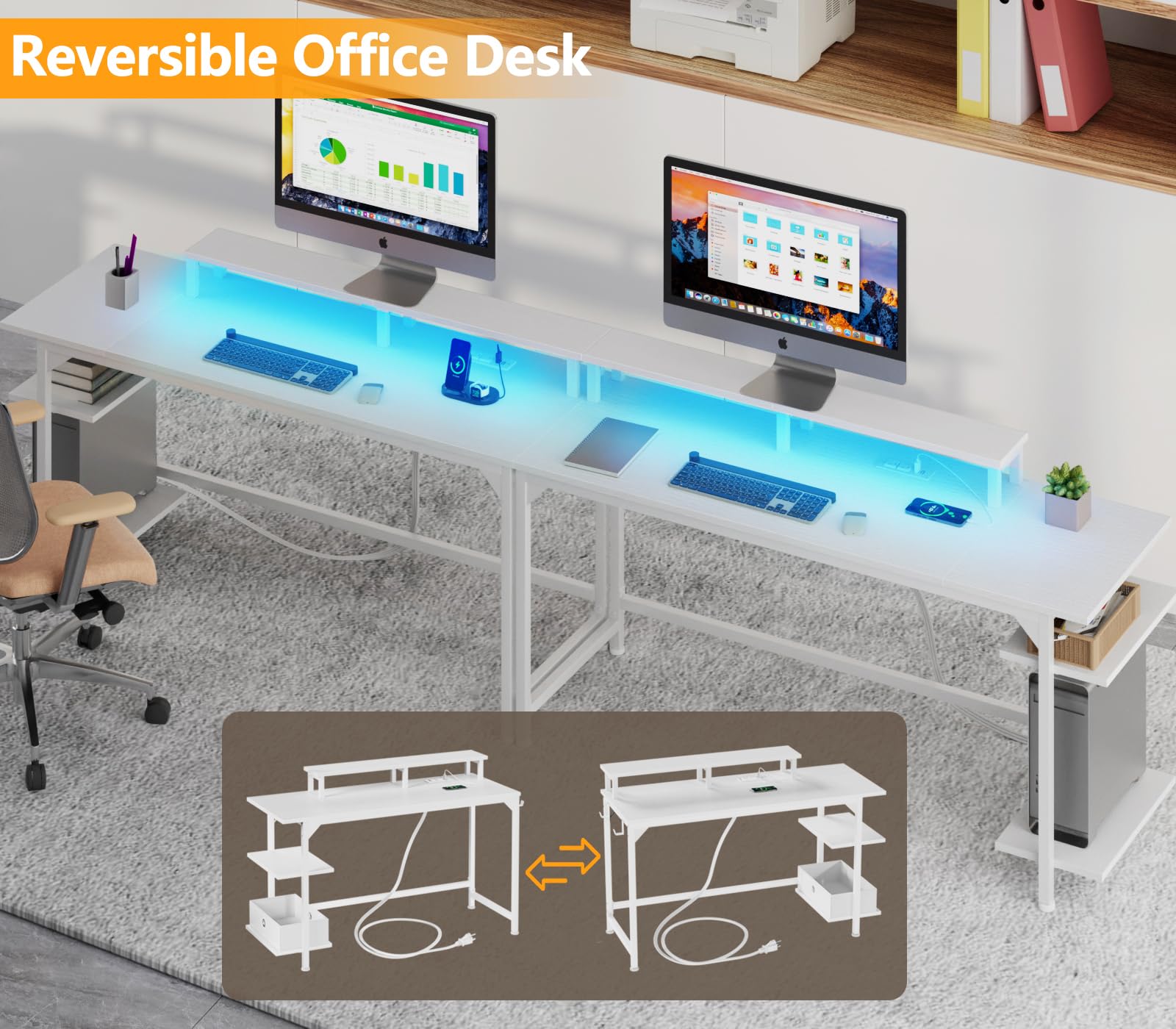 Furologee White Gaming Desk with Charging Station and LED Lights, 140 cm