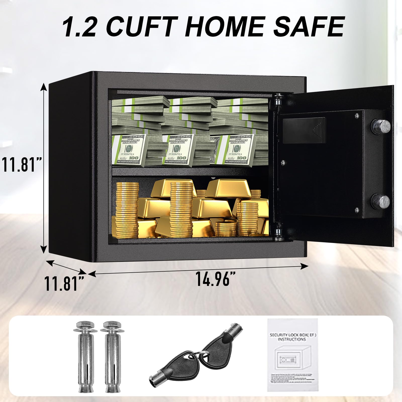 Tenamic Fireproof Safe Box 1.2 Cuft Electronic Digital Security Box, Keypad Small Lock Box Cabinet Safes with Internal Light, Solid Alloy Steel Office Hotel Home Safe with 2 Passwords, Black