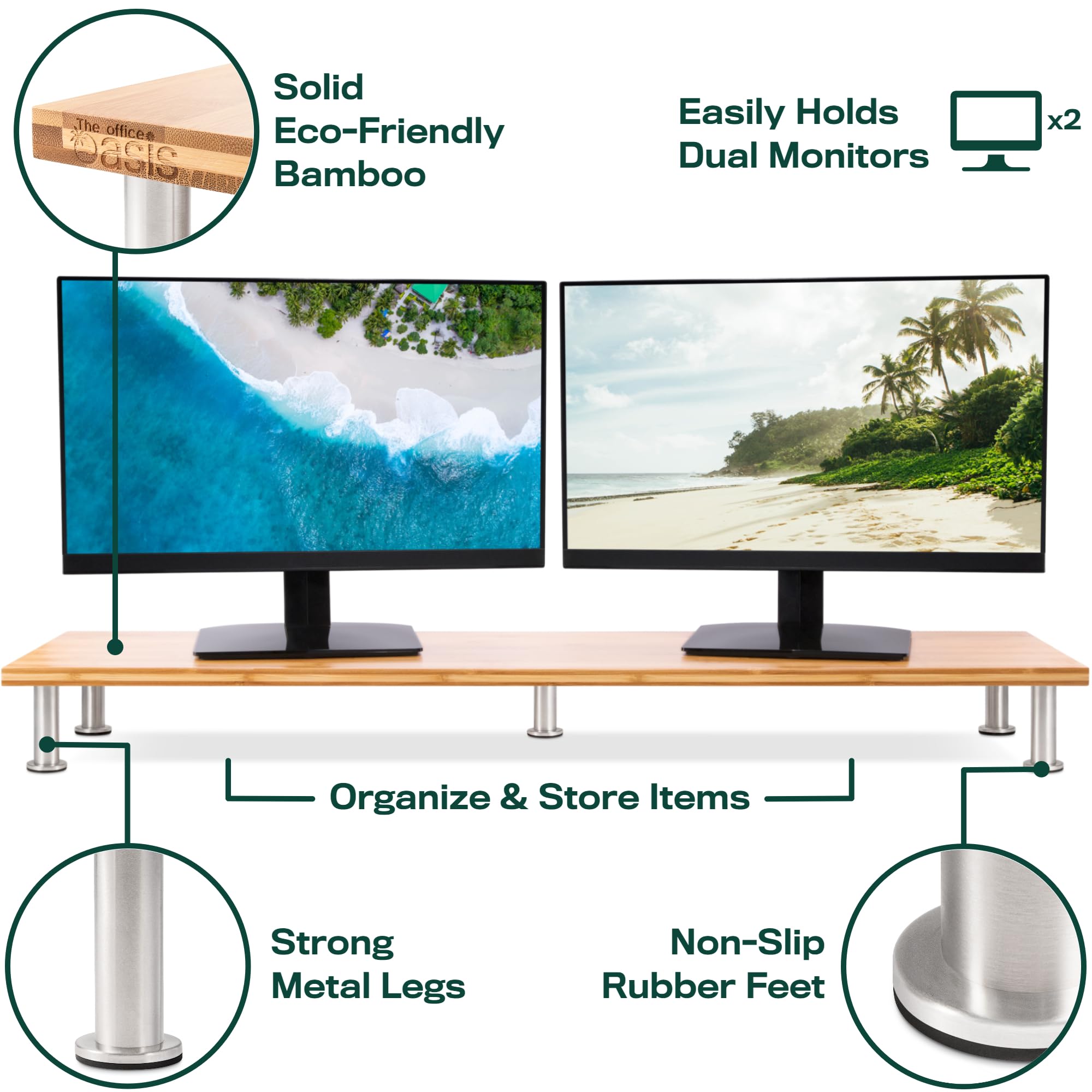 The Original Bamboo Dual Monitor Stand (As Seen On PBS) - 42 Inch Large Monitor Riser for Computer Screens, Laptop or TV - Desk Shelf Adds Storage Space and Improves Ergonomics - Natural