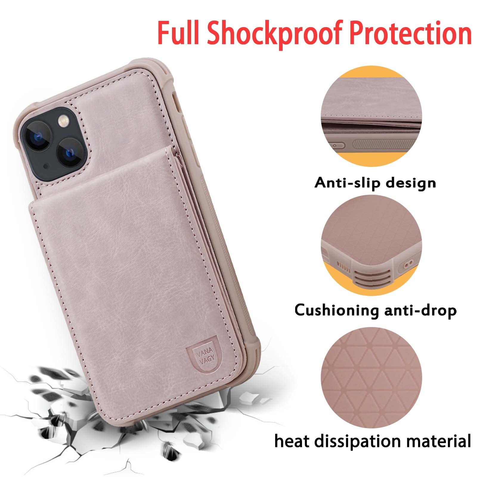 VANAVAGY Compatible for iPhone 13/14 Wallet Case for Women and Men, Salmon Pink