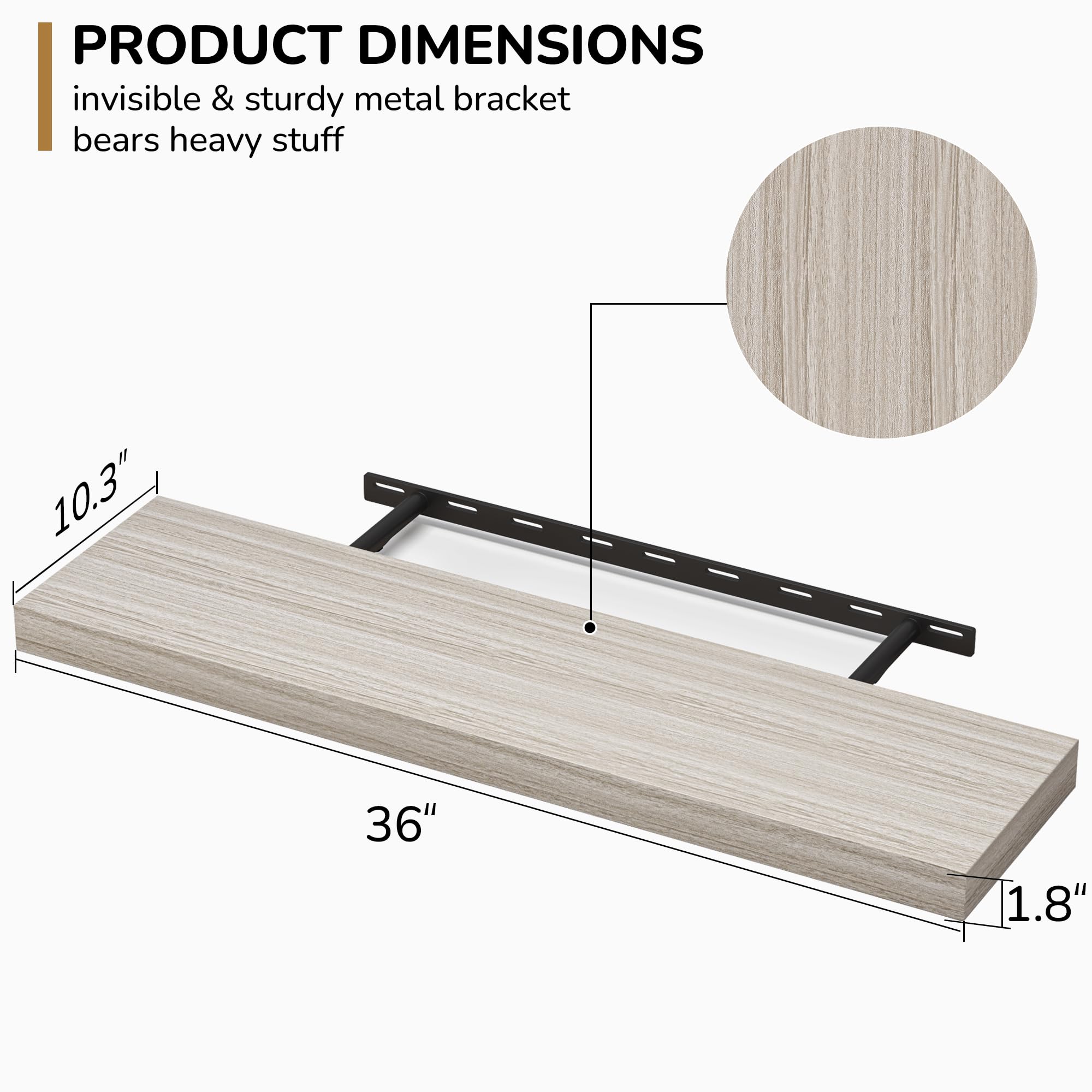 Floating Shelves - 10.3 Inch Deep Wall Shelf for Decor & Storage - Wall Mounted Display Shelving with Invisible Heavy-Duty Metal Bracket - 36" W x 10.3" D x 1.8" H - Set of 1 - Rustic Grey