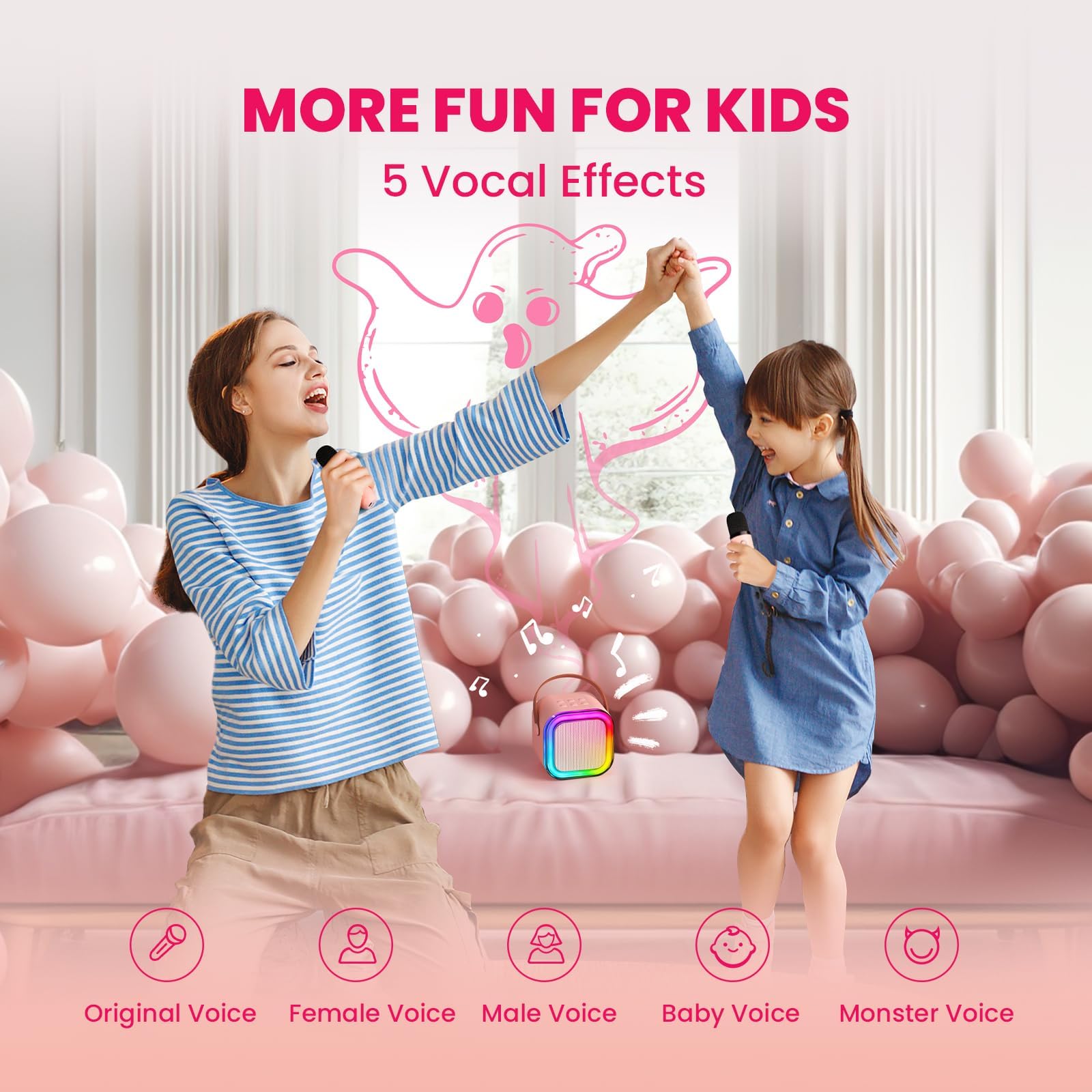 Mini Karaoke Machine for Kids Adults,Portable Bluetooth Speaker with 2 Wireless Microphones, MP3 Music Player Gifts Toys for Girls 3-12 Year Old Birthday Family Home Party (Pink 2 Mics)