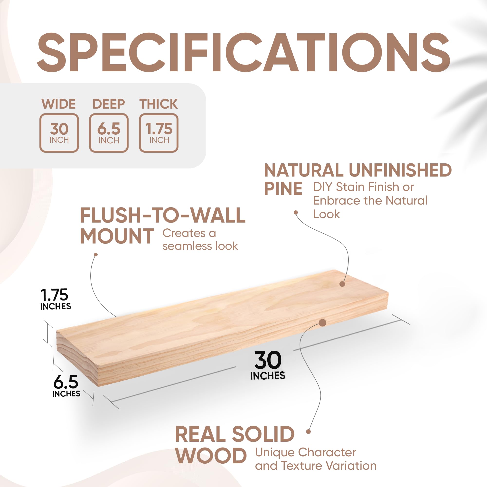 Homeforia Rustic Farmhouse Floating Shelves, Bathroom Wooden Shelves for Wall Mounted, Thick Industrial Kitchen Wood Shelf - 30 x 6.5 x 1.75 inch - Set of 2 - Unfinished - No Stain - DIY