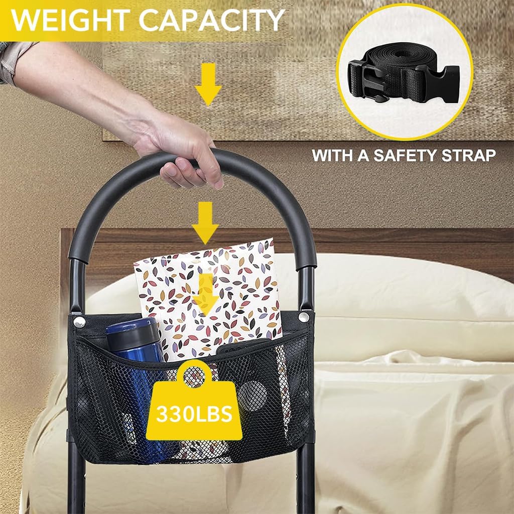 درابزين سرير طبي مقاس كينج من HANNEA® مع ارتفاعات قابلة للتعديل - مع جيب تخزين - لكبار السن مع قضيب مساعد يدوي - سهل الدخول والخروج من السرير بأمان