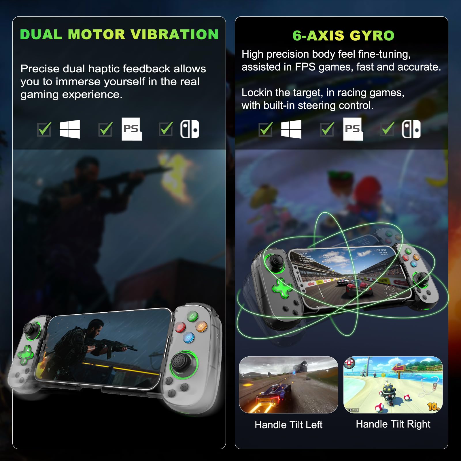 Phone Game Controller for iPhone/Android/PC/Switch, Play COD, Genshin,Support Streaming on PS5/Xbox/PC Console, Cloud Gaming Wireless Gamepad Joystick, Turbo/6-Axis Gyro/Dual Motor, Green Light, White