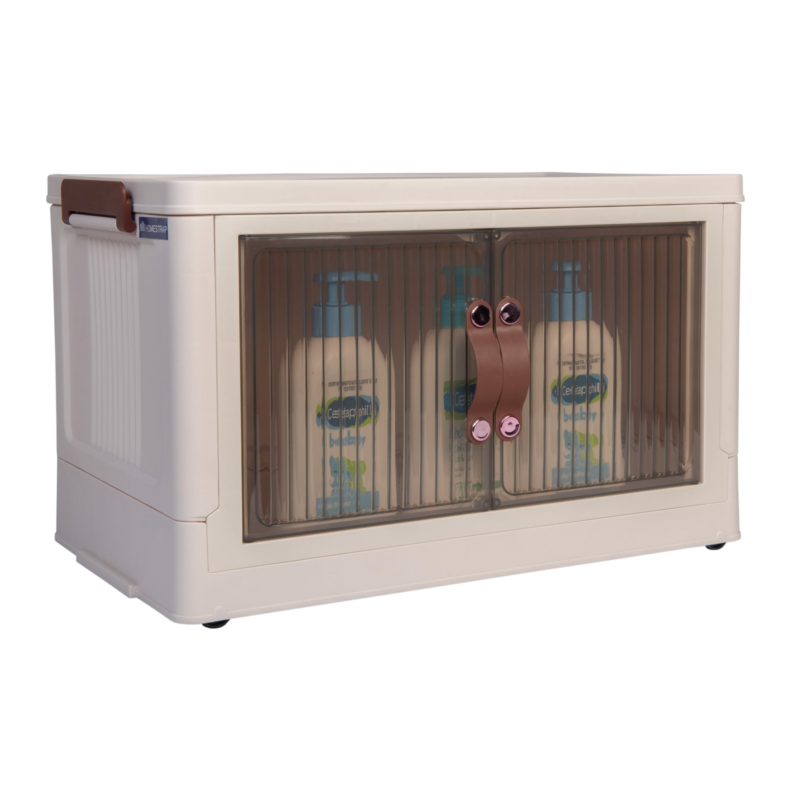 HomeStrap Plastic Rolling Stacker with Wheels (Pack Of 1) | Foldable Stackable Storage| Box Collapsible Storage Bins with Handle for Cloth, Spacesaver Organizer Storage Box with Door, Brown