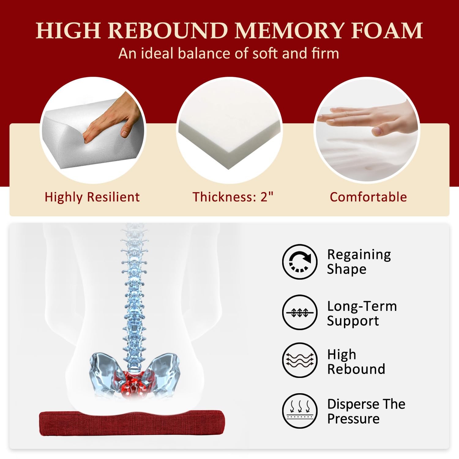 Wellsin Chair Cushions for Dining Chairs 4 Pack 40x40x5 cm, Red