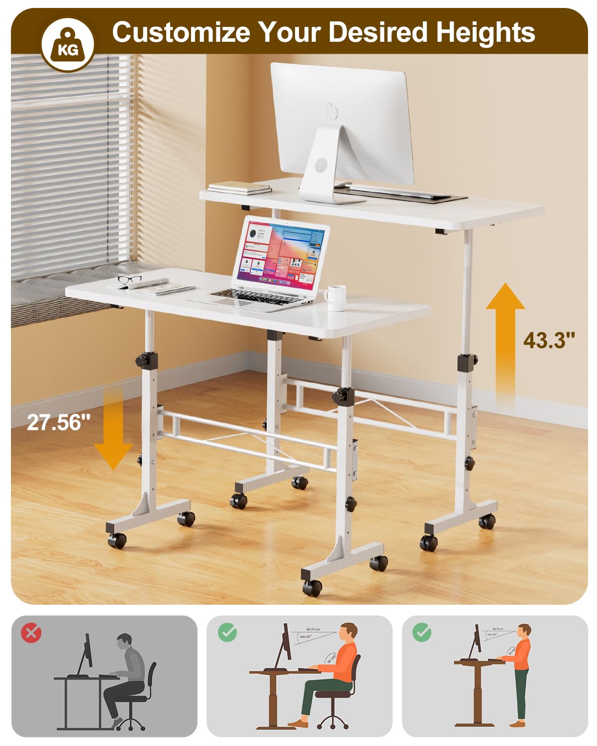 Small Standing Desk Adjustable Height, Mobile Stand Up Desk with Wheels,81 cm(white)