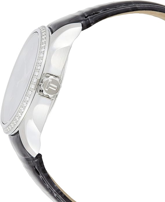 ساعة تيسو نسائية سويسرية مرصعة بالألماس (1/3 قيراط) بسوار جلدي أسود، 32 مم - أسود