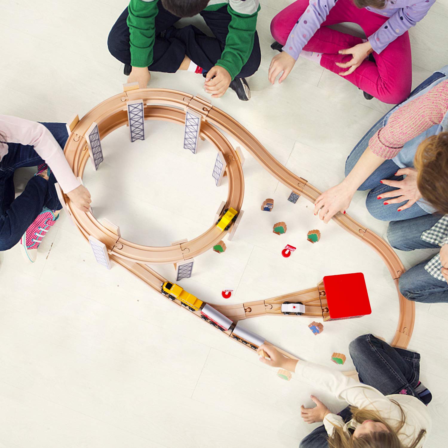 SainSmart Jr. Wooden Train Set Toy with Rail High Level Part, 50 PCS Flyover Overpass Wooden Train Playset with 5 Magnetic Train Cars for Toddlers