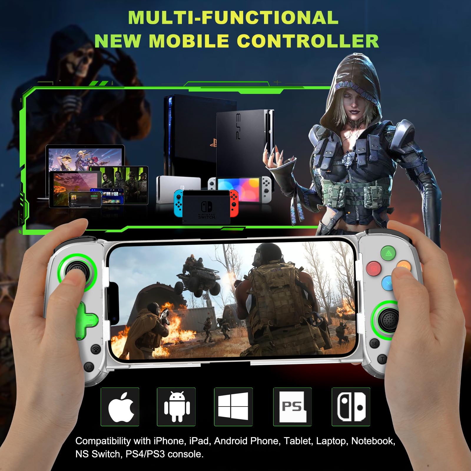 Phone Game Controller for iPhone/Android/PC/Switch, Play COD, Genshin,Support Streaming on PS5/Xbox/PC Console, Cloud Gaming Wireless Gamepad Joystick, Turbo/6-Axis Gyro/Dual Motor, Green Light, White