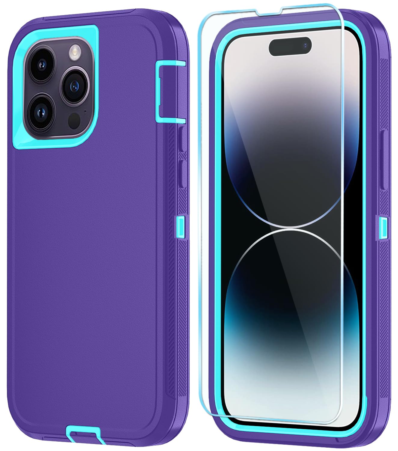 Phone Case for iPhone 14 Pro Max Case with HD Screen Protector, Heavy Duty Shockproof & DustProof & Dropproof 3-Layer Cover Phone Case for iPhone 14 (PurpleSkyBlue)