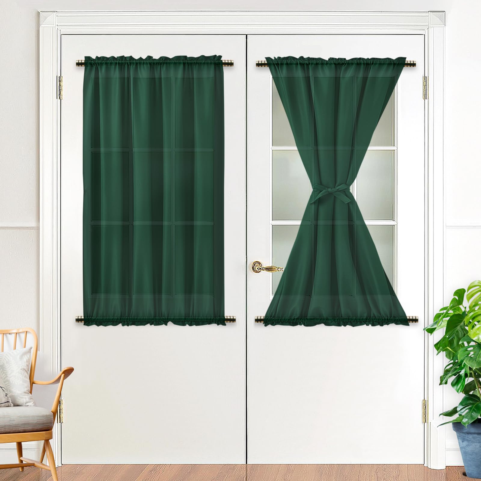 XWZO Green French Door Curtains for Door Windows,1 Panel with Tieback,137x101 cm