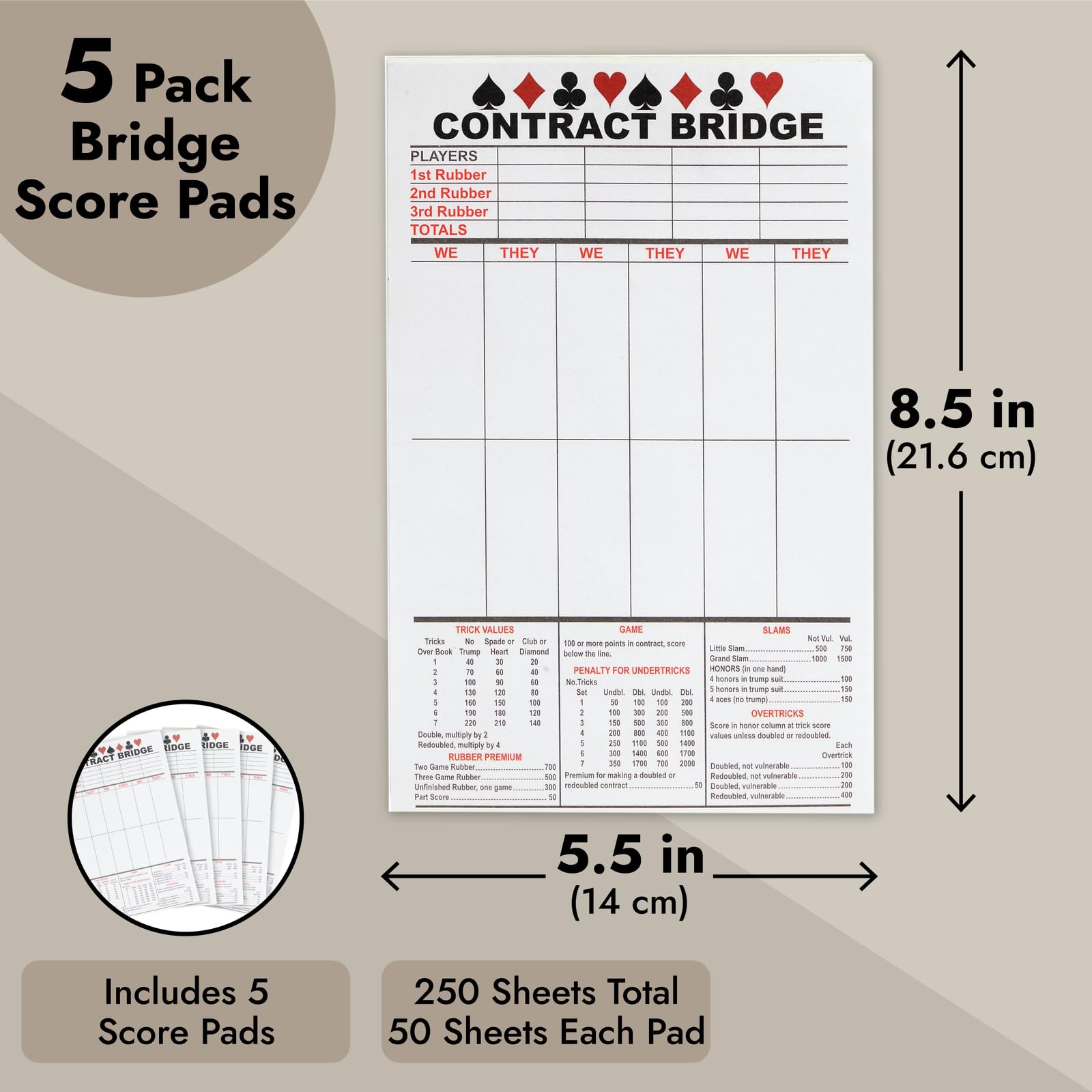 Best Paper Greetings Bridge Score Cards with Trick Values (Pack of 5, Total 250 Sheets)