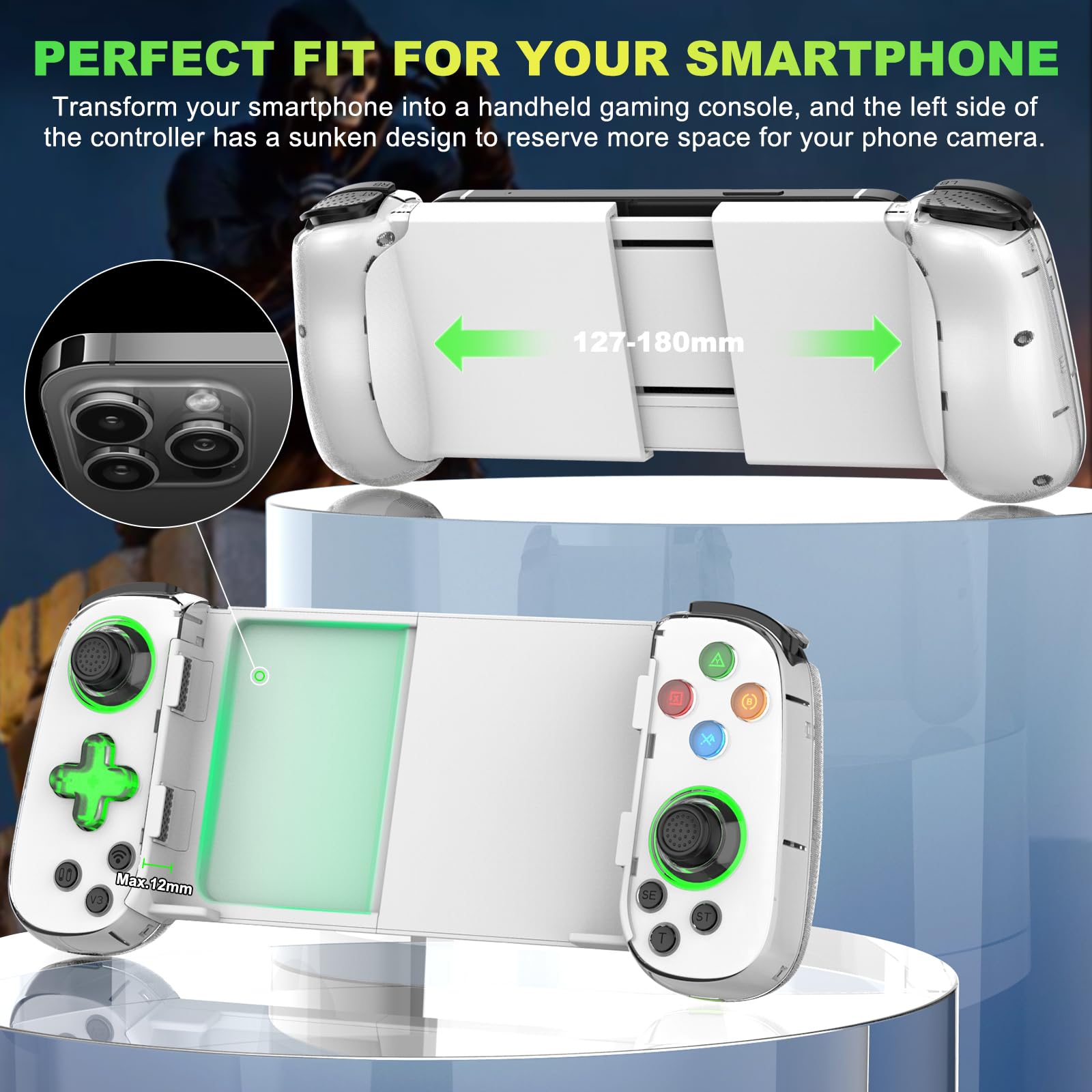 Phone Game Controller for iPhone/Android/PC/Switch, Play COD, Genshin,Support Streaming on PS5/Xbox/PC Console, Cloud Gaming Wireless Gamepad Joystick, Turbo/6-Axis Gyro/Dual Motor, Green Light, White