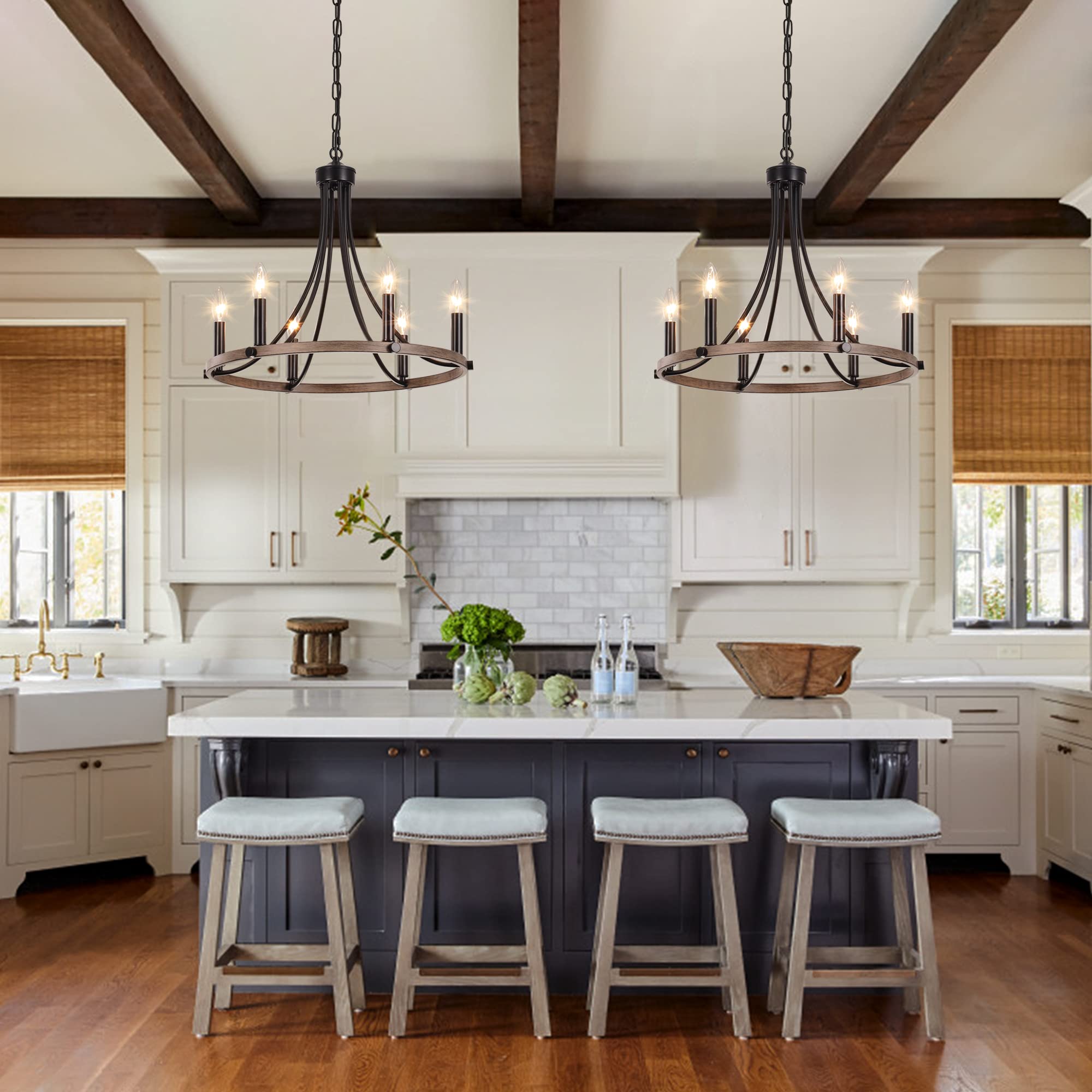 ثريا يارلكاف على شكل عجلة عربة لغرفة الطعام، ثريا مزرعة سوداء بستة مصابيح معلقة دائرية