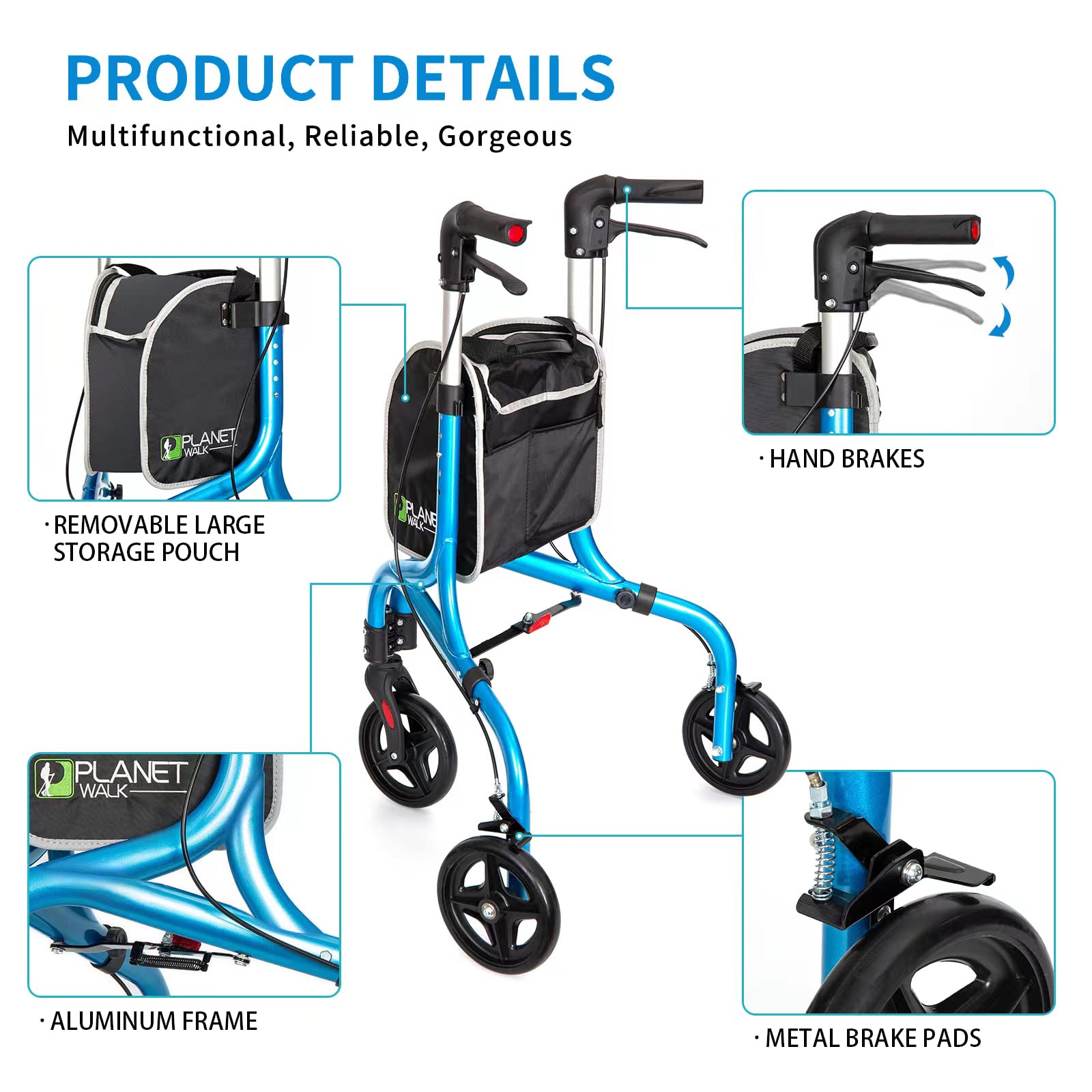Planetwalk Premium 3 Wheel Rollator Walker for Seniors - Ultra Lightweight Foldable Walker