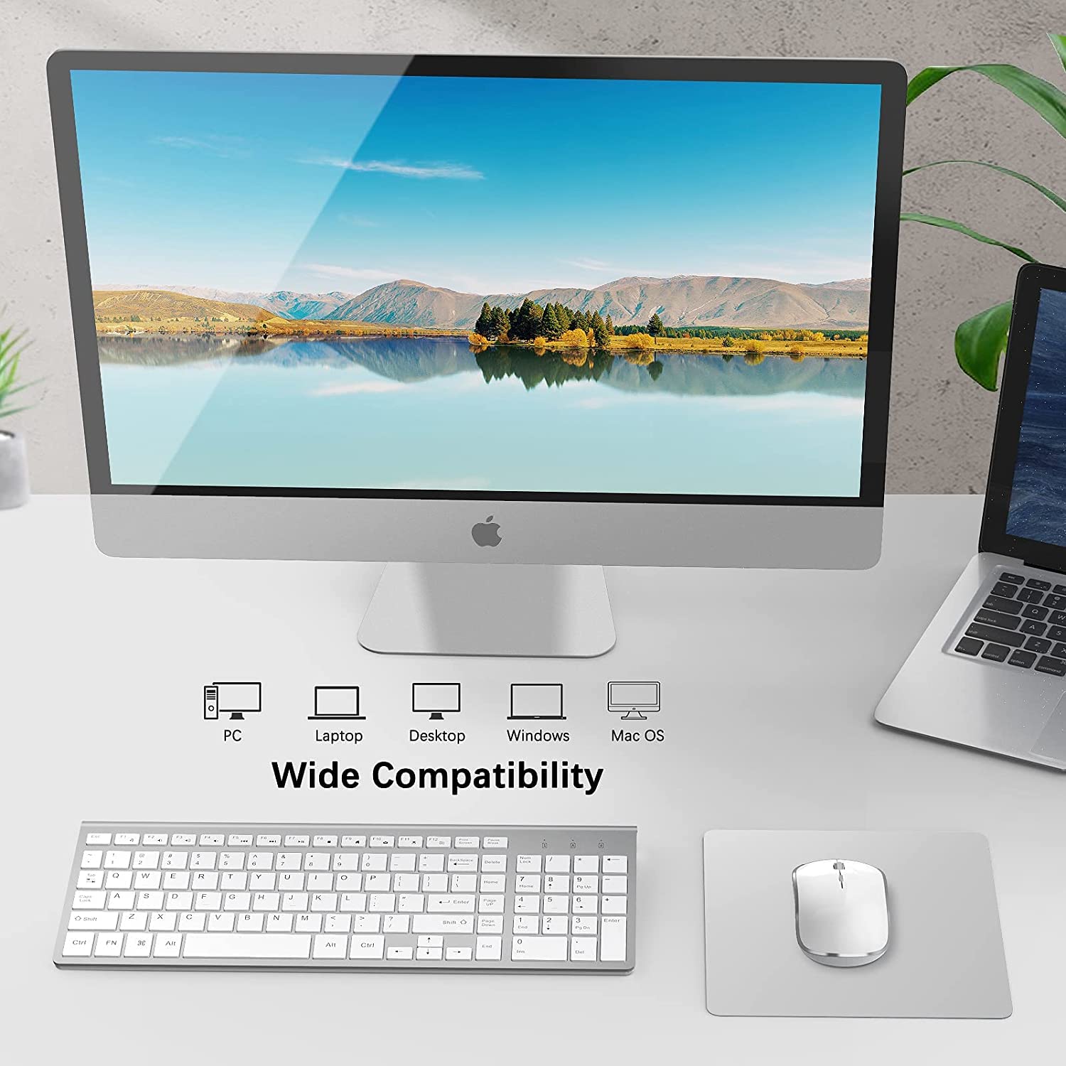 Wireless Keyboard and Mouse,J JOYACCESS USB Slim Wireless Keyboard Mouse with Numeric Keypad Compatible with iMac Mac PC Laptop Tablet Computer Windows -Silver White