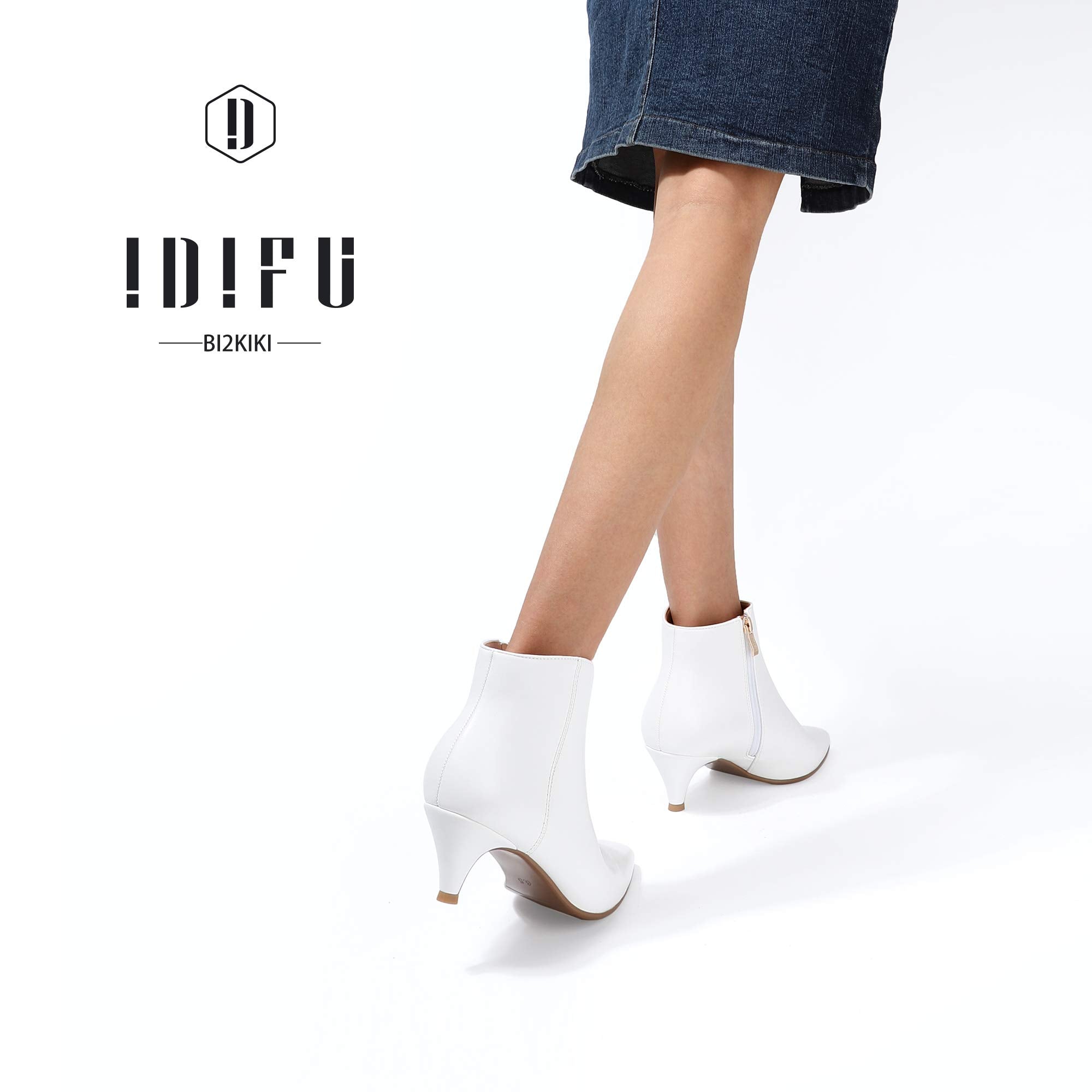 IDIFU Women Booties Low Kitten Heel Ankle Boots Pointed Toe Short Boots Dress Sexy Shoes(White Pu)