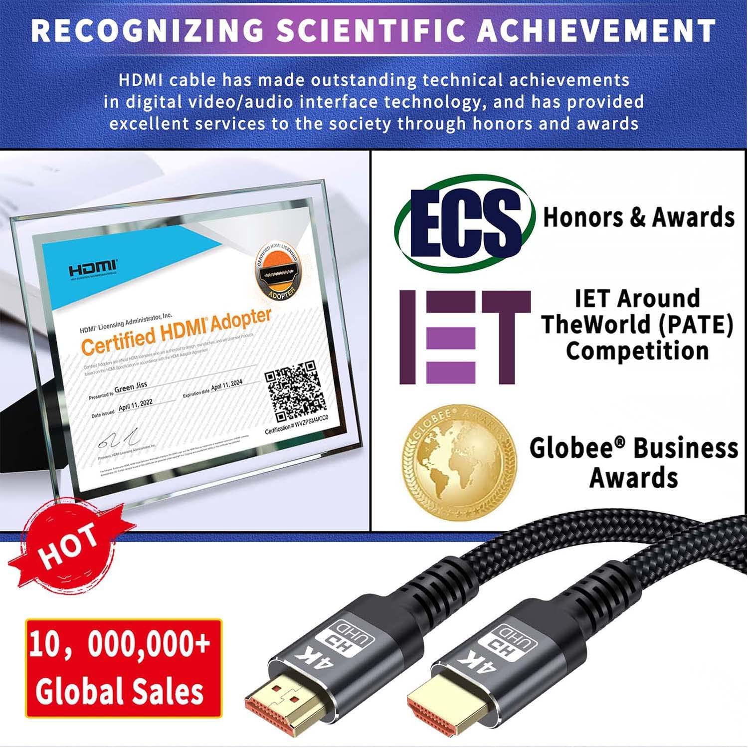 كابل HDMI أخضر Jiss 4K، سلك HDMI مضفر فائق السرعة بطول 1 متر/3 أقدام، يدعم 4K بتردد 60 هرتز، ARC، HDR، 3D، إيثرنت.
