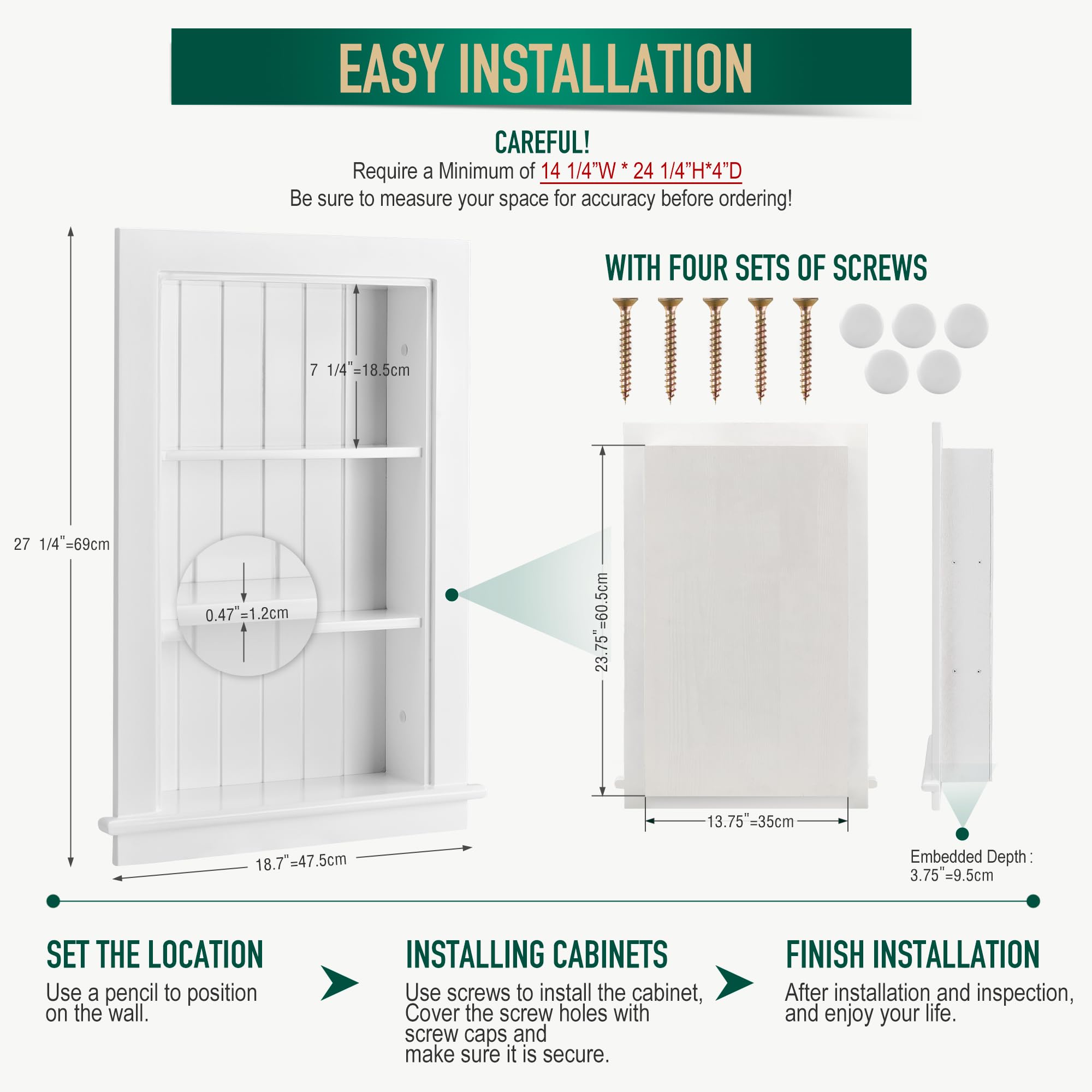 Potter-Island 14 x 24 Medicine Cabinet Recessed, Wall Niche, Bathroom Wall Cabinet, 3-Tier, Between Studs Shelving for Drywall, White