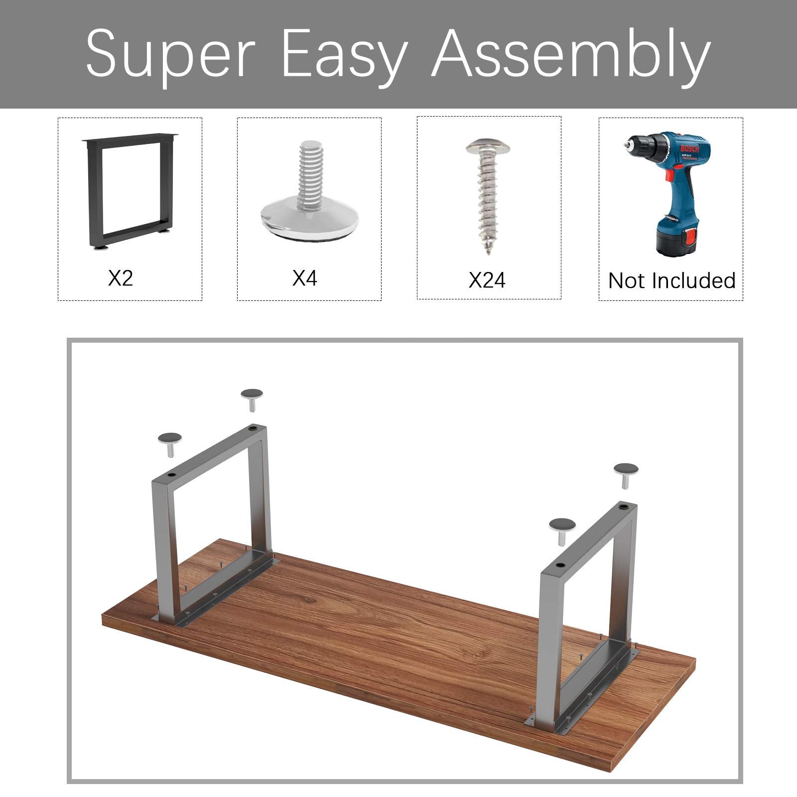 Metal Table Legs 40 cm Height x 45 cm Wide with Adjustable Protector Feet (Bear Up to 360 kg), Black, Set of 2