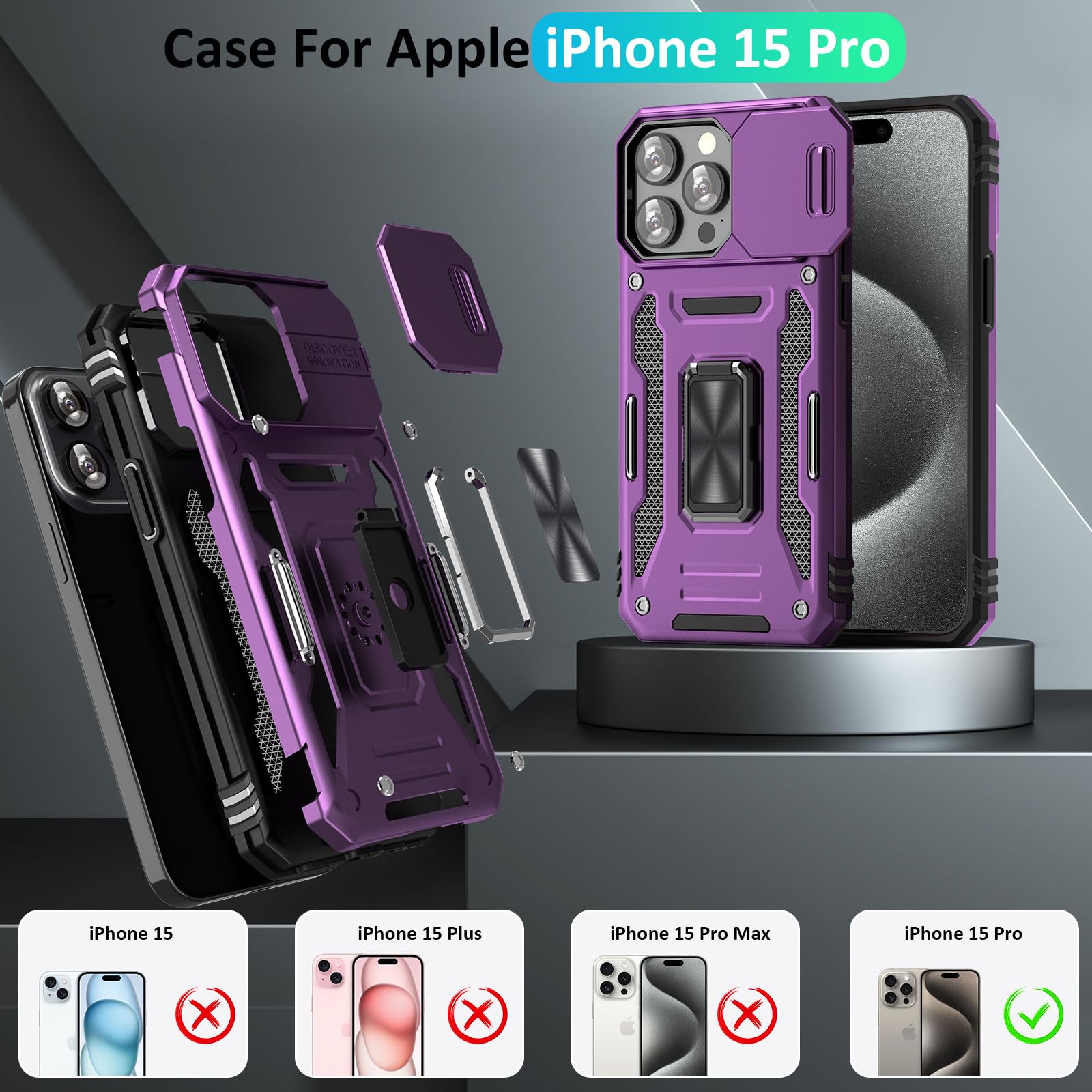 جراب هاتف UKLCCU لهاتف iPhone 15 Pro Case 15 Pro iPhone Phone Case للنساء مع غطاء كاميرا منزلق، حامل مدمج يدور 360 درجة لهاتف iPhone 15 Pro - أرجواني