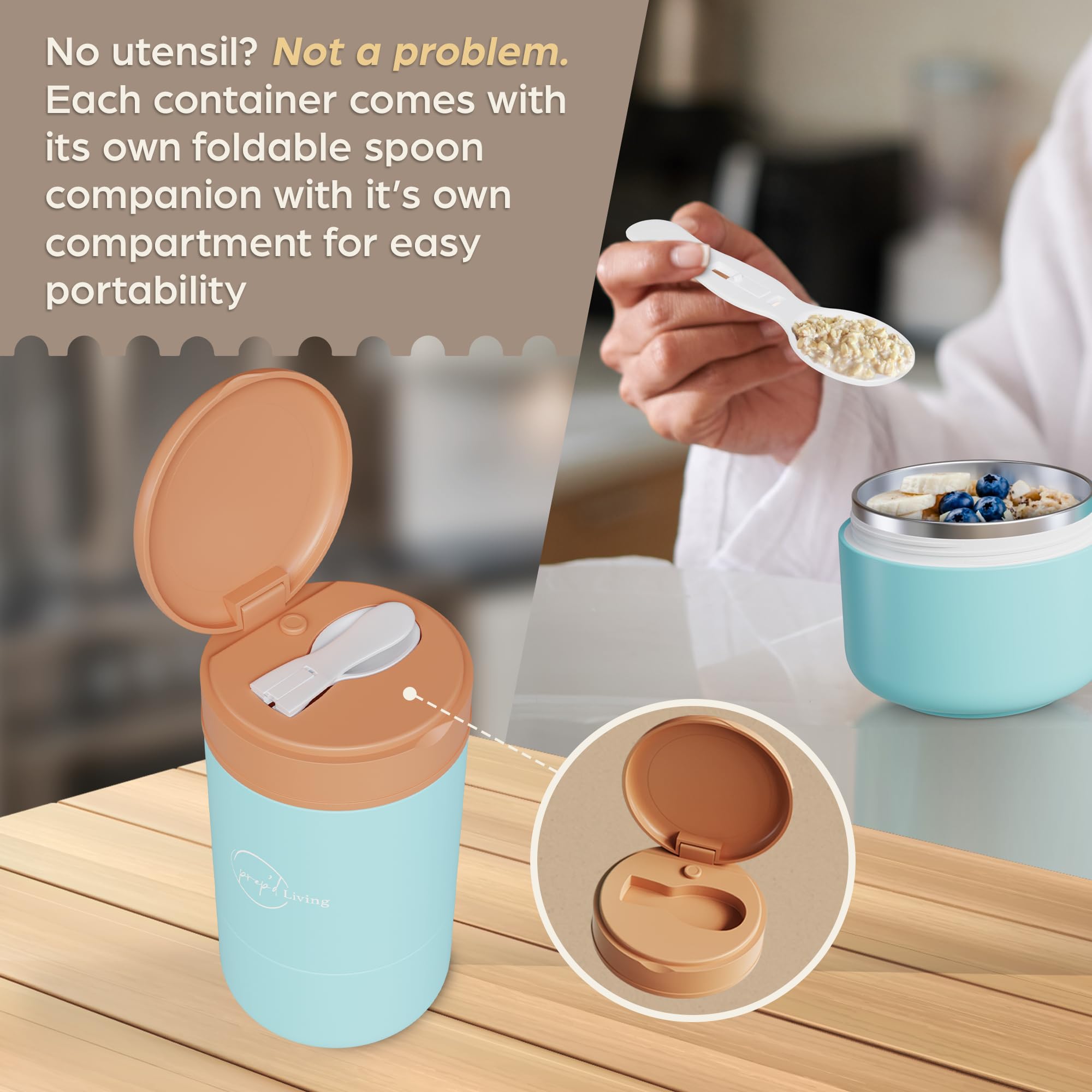 Prep'd Living Overnight Oats Containers with Lids - Portable Meal Prep