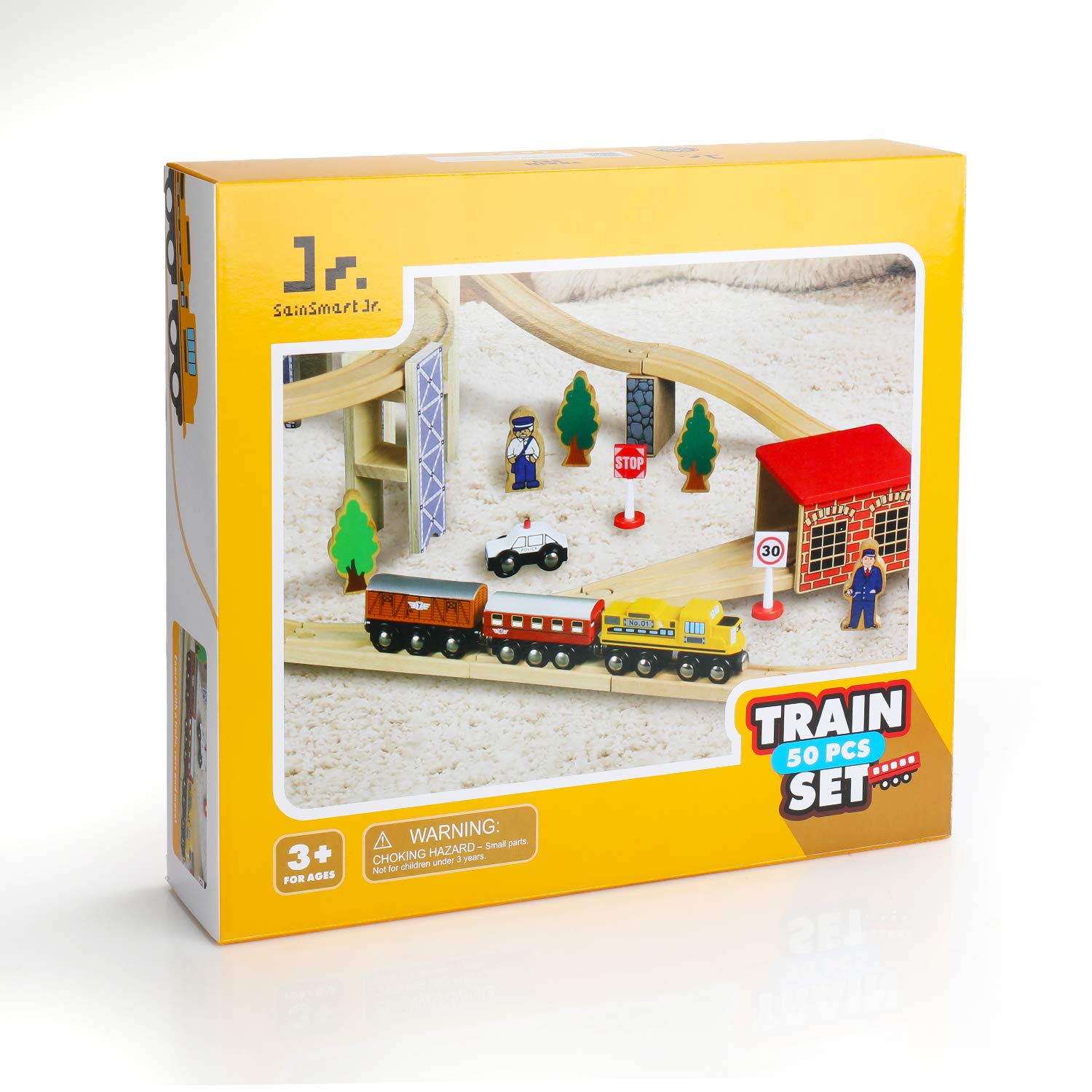 SainSmart Jr. Wooden Train Set Toy with Rail High Level Part, 50 PCS Flyover Overpass Wooden Train Playset with 5 Magnetic Train Cars for Toddlers