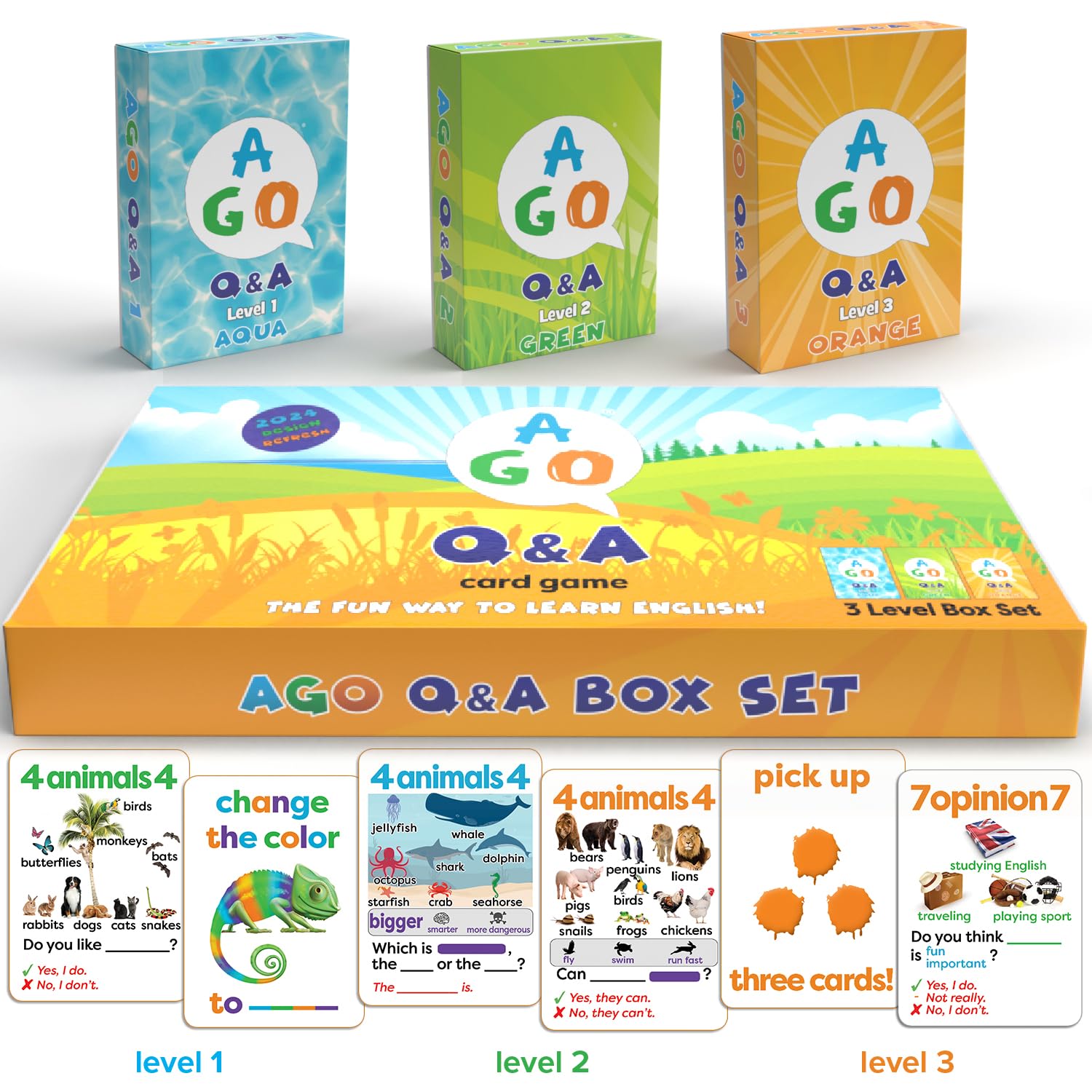 لعبة بطاقات AGO QnA لتعلم اللغة الإنجليزية كلغة ثانية. مجموعة من 3 مستويات. مارس المحادثة باللغة الإنجليزية من خلال اللعب!