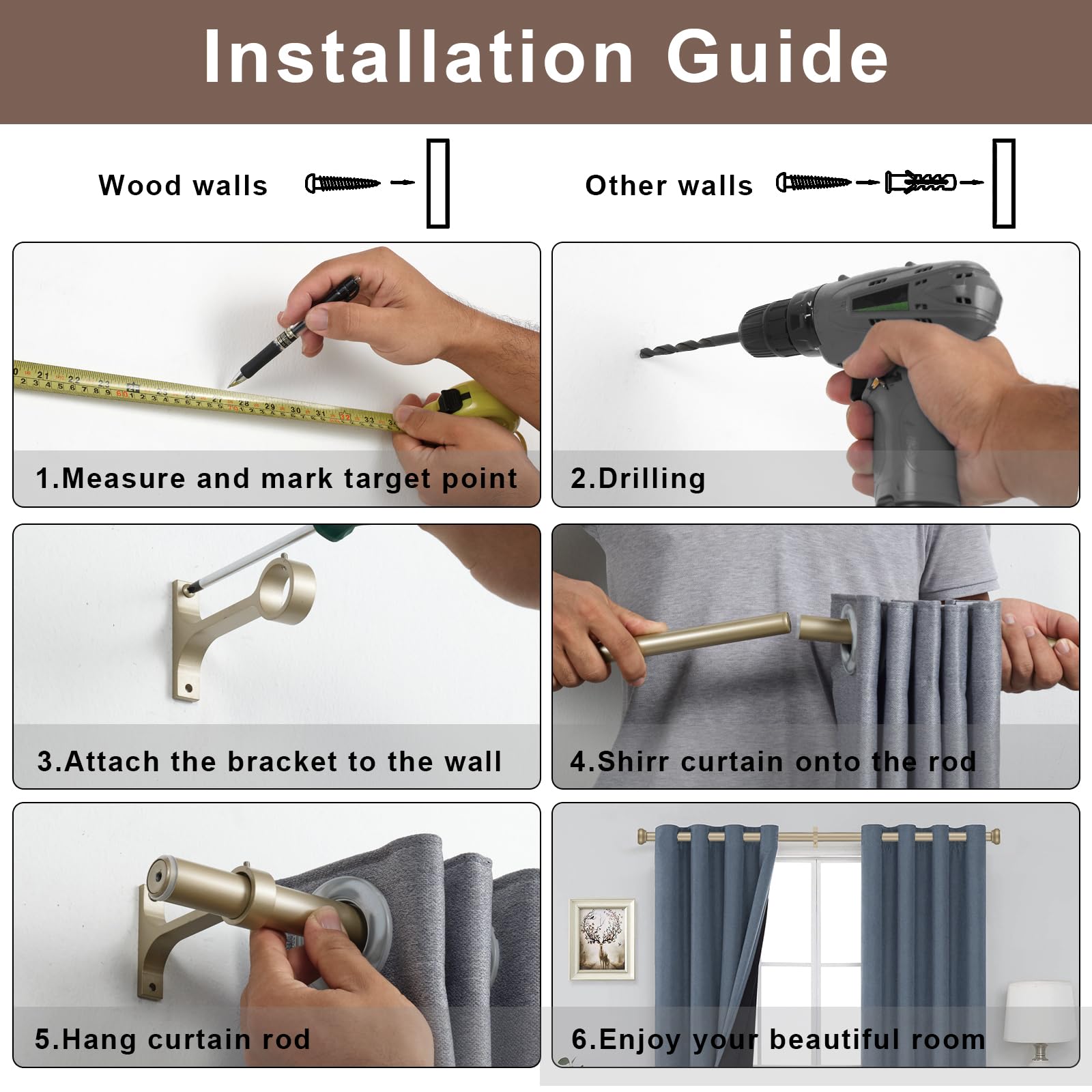 قضيب ستارة ثقيل، مجموعة من قطعتين من قضيب الستارة القابل للتعديل للنوافذ مع غطاء دائري، ذهبي فاتح