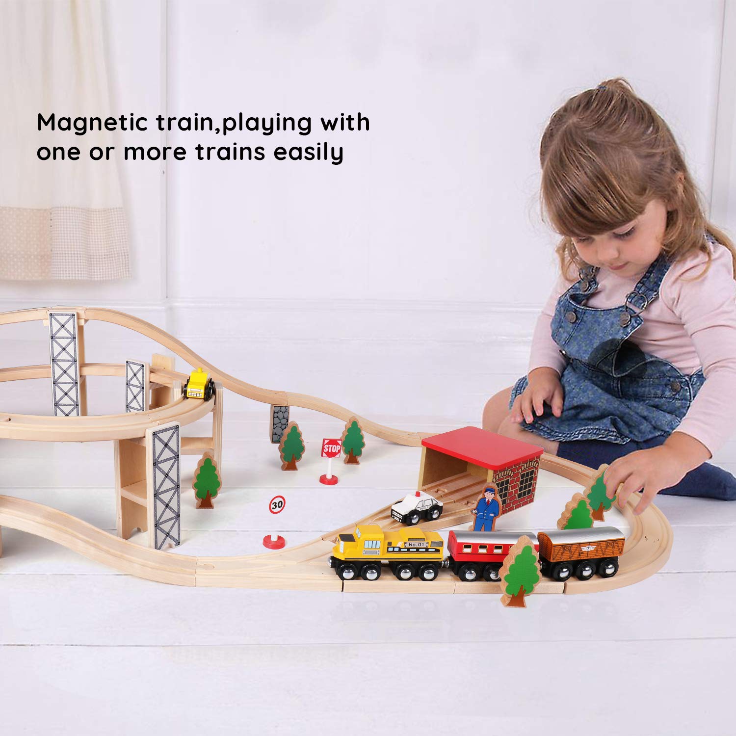 SainSmart Jr. Wooden Train Set Toy with Rail High Level Part, 50 PCS Flyover Overpass Wooden Train Playset with 5 Magnetic Train Cars for Toddlers