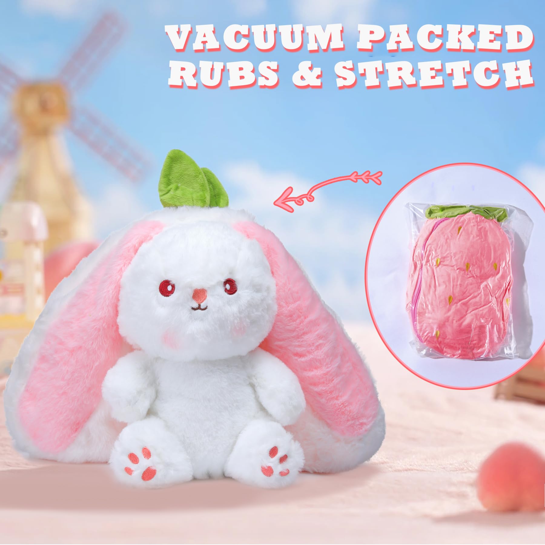 MIAODAM Bunny Stuffed Animal Reversible Cuddle Bunny Stuffed,Strawberry Bunny