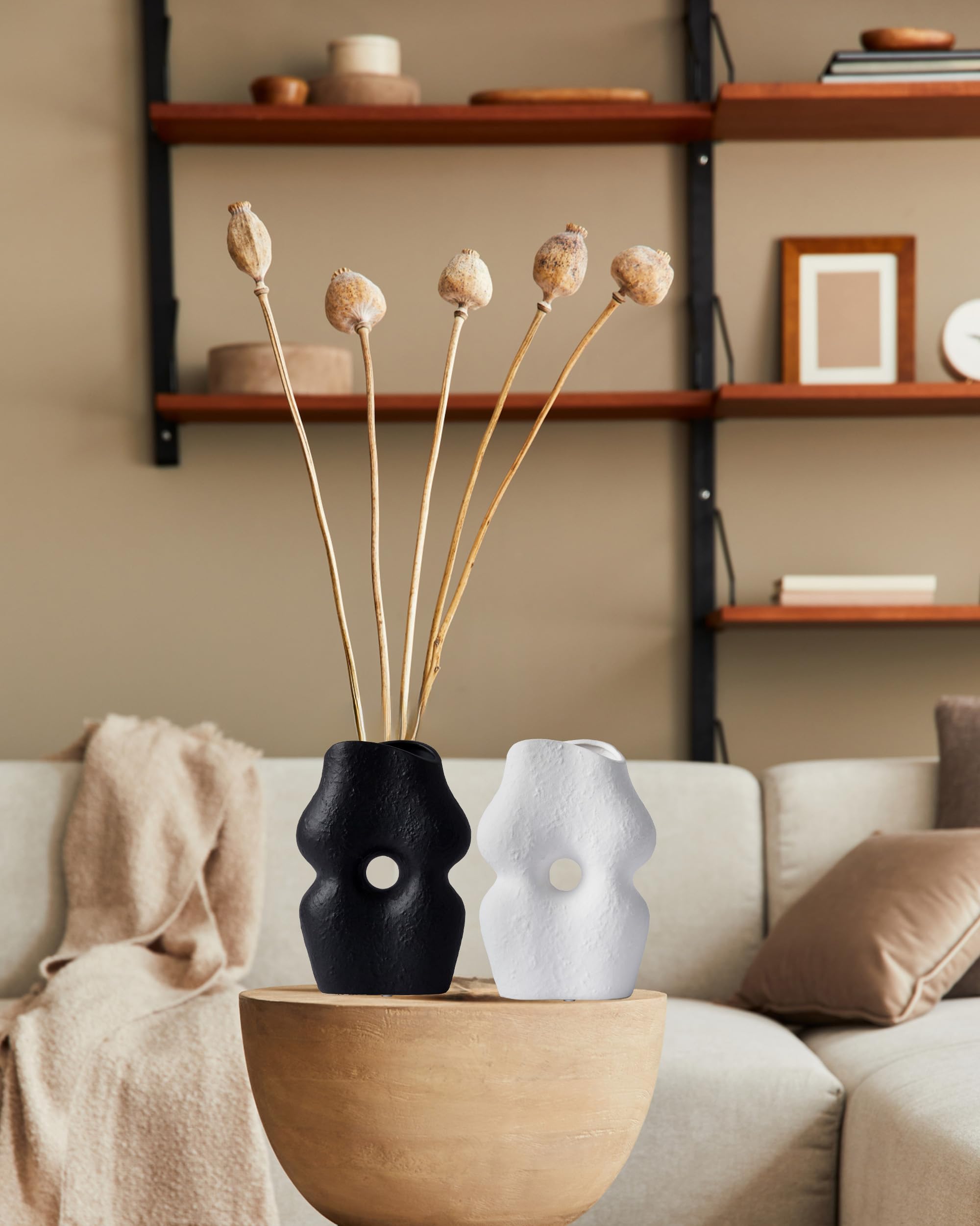 مجموعة مزهريات سيراميك بيضاء وسوداء من UPWOIGH، مكونة من قطعتين، مزهريات زهور عصرية بتصميم بوهو، لديكور المنزل