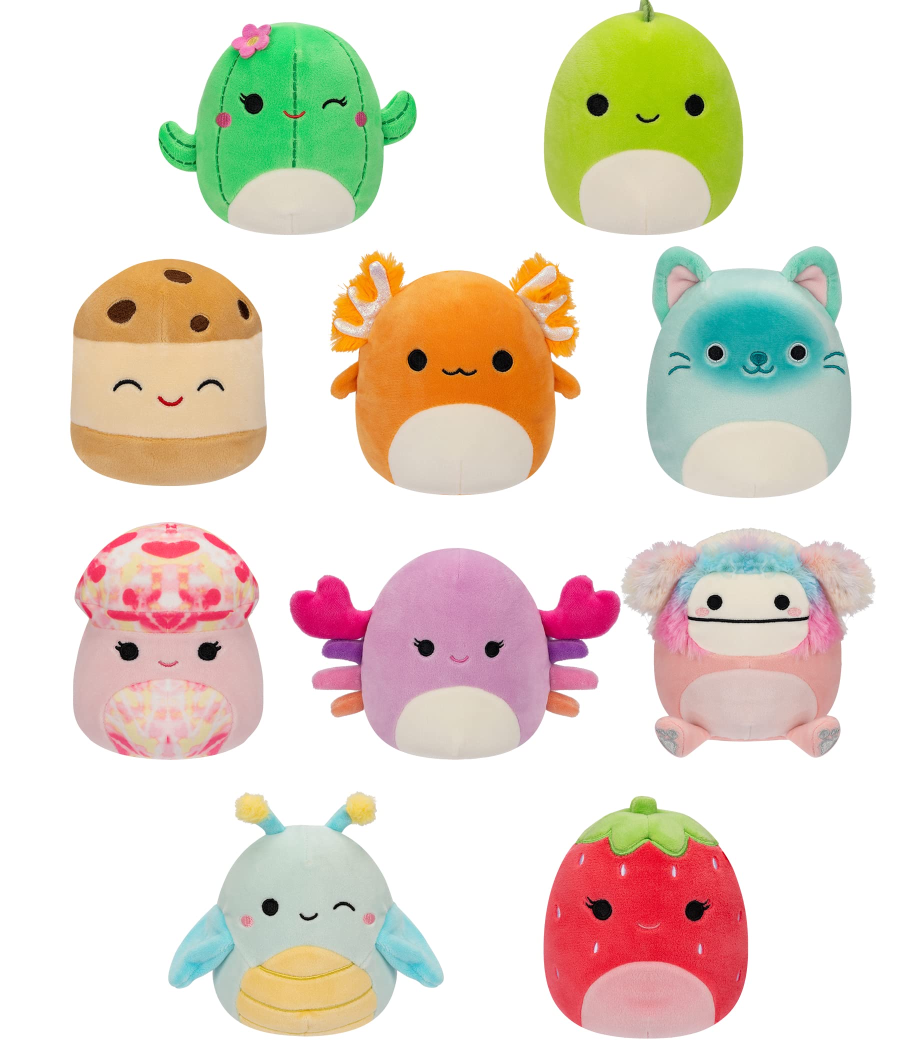 10-Pack Plush Squish mallows 5-Inch - Diane Bigfoot, Giles Grasshopper, Maritza Cactus, Nico Axolotl, Rachel Mushroom, and More - Ultrasoft Official Kelly Toy Plush